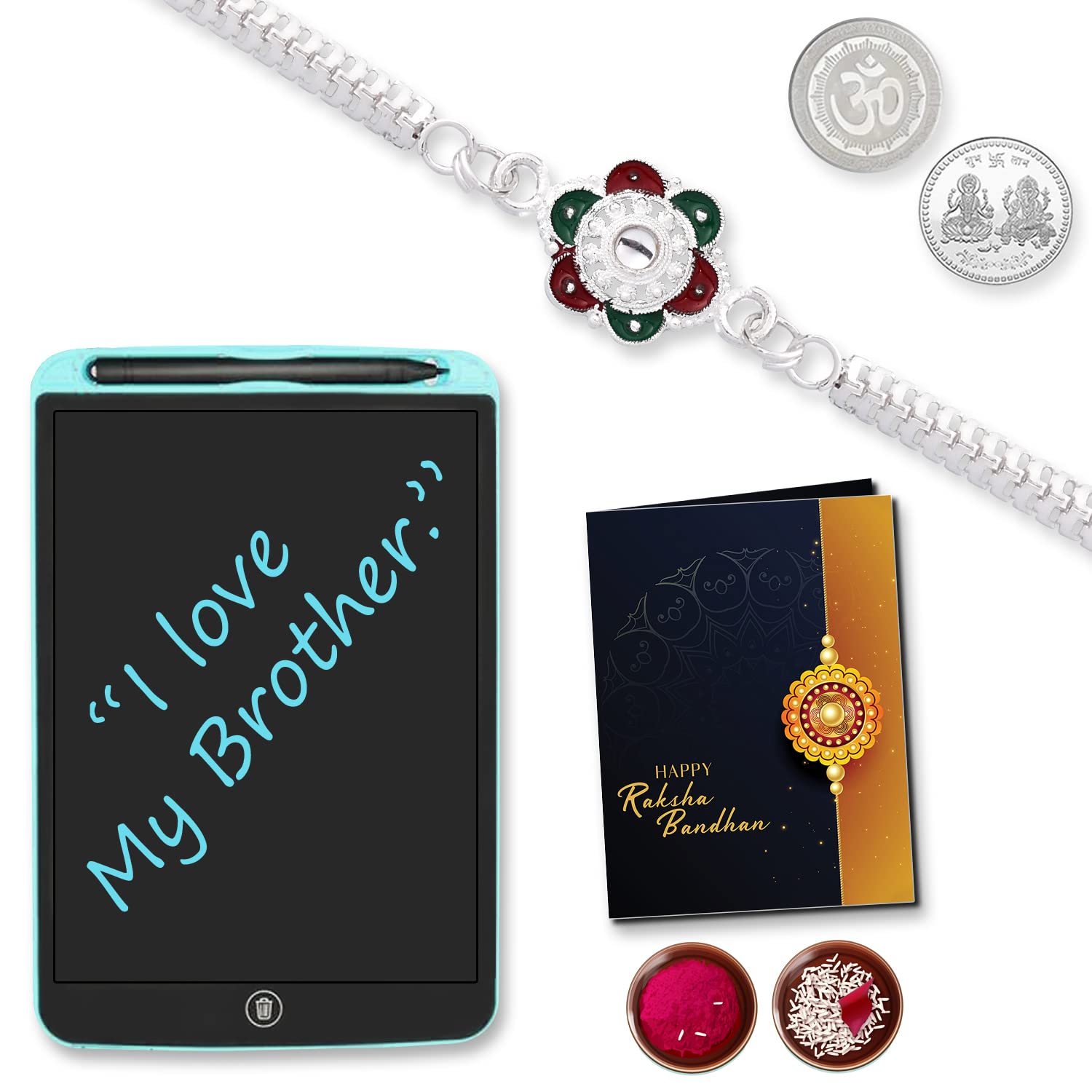 DeoDap (K1_A29_1360) Multicolor Flower Rangoli Silver Color Rakhi & LCD Writing Pad/Tablet for Kids with Silver Color Pooja Coin & Greeting Card, Occasion, kids silver Rakhi, Rakhi for brother with gift kids, gifts for Little brother, fancy Rakhi for brother , Set of 1 Rakhi-image-39