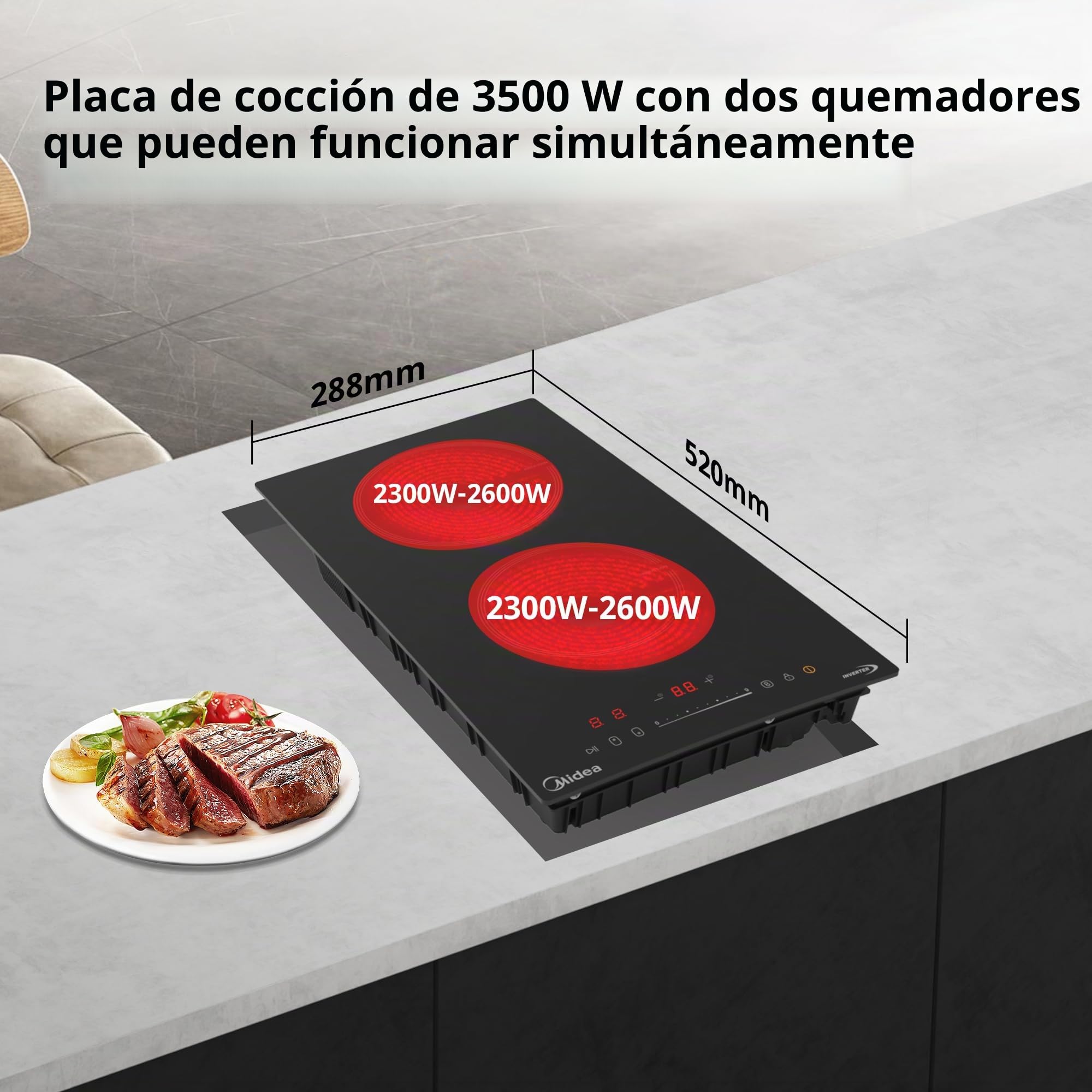 Midea Placa de inducción con 2 zonas de cocción. Placa de cerámica empotrada, cableado, control táctil, apagado automático, protección para niños