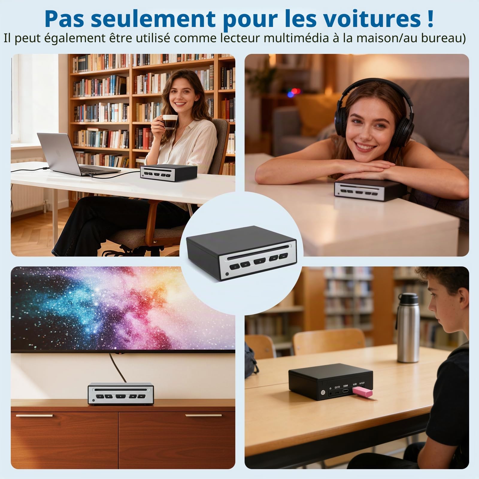 Lecteur CD pour voiture - Lecteur CD externe universel avec port USB, AUX, HDMI et USB-C, Plug & Play, compatible avec autoradio, ordinateur portable, TV, ordinateur et systèmes hi-fi