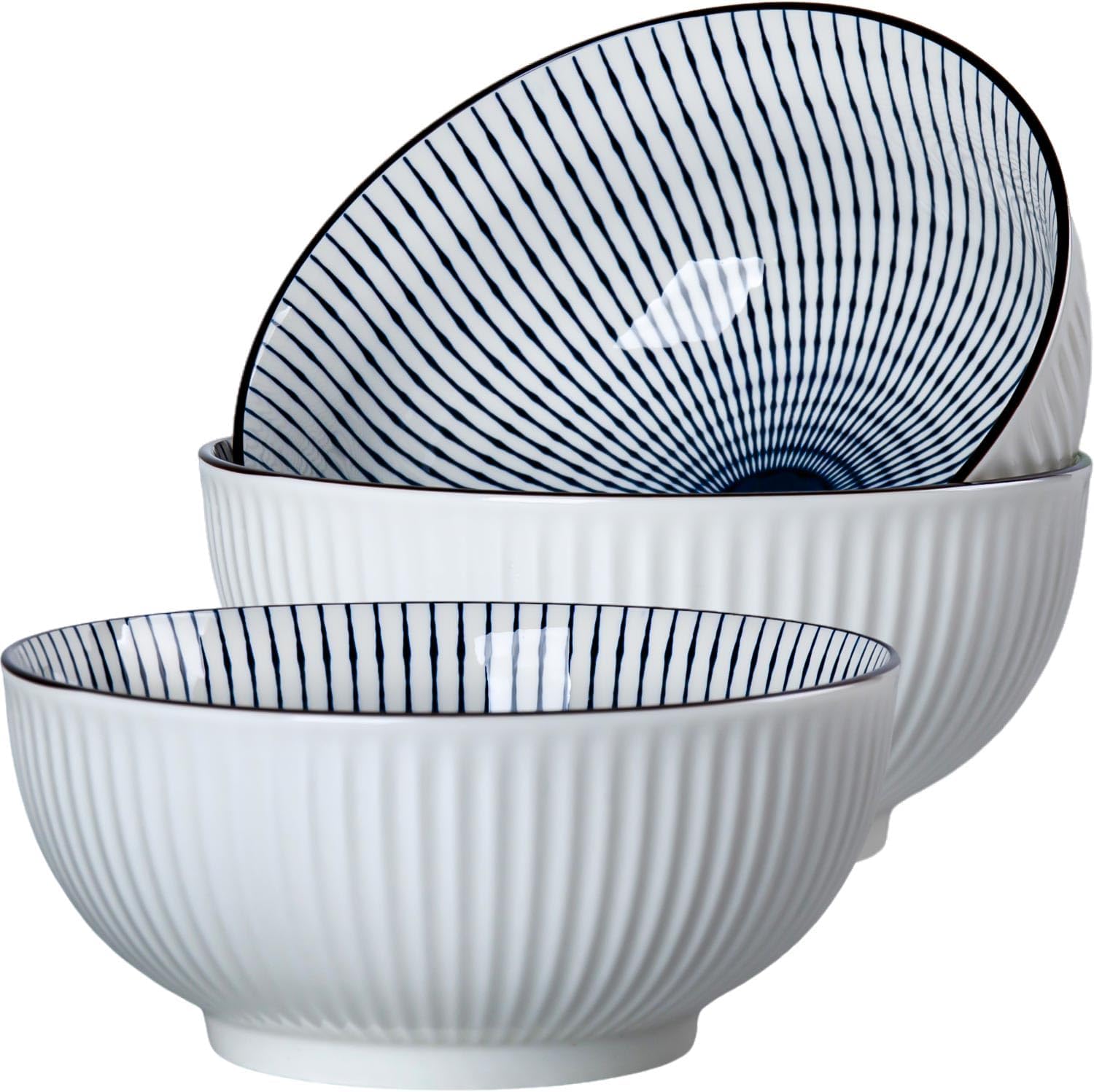 60 oz Large Soup Bowl, Pho Bowls, 8 Inch Blue and White Porcelain Japanese Ramen Bowls Set of 3 - Striped Pattern
