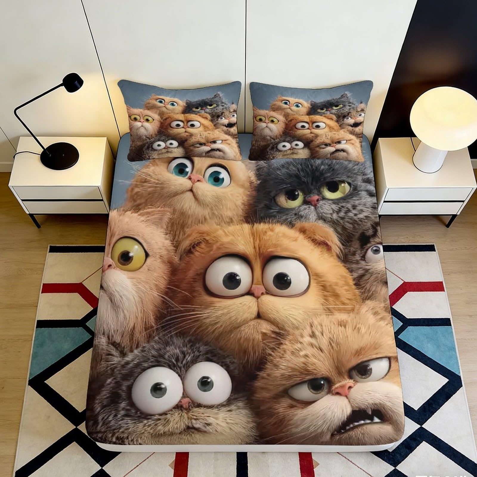 Jxqhbvmg Style-7 3D Printing Cartoon Cats Fitted Sheet Microfiber Deep Pocket Non-Slip Cartoon Cat Mattress Fitted Cover Bedroom Bedding Full Wrap Washable 90X200x25cm