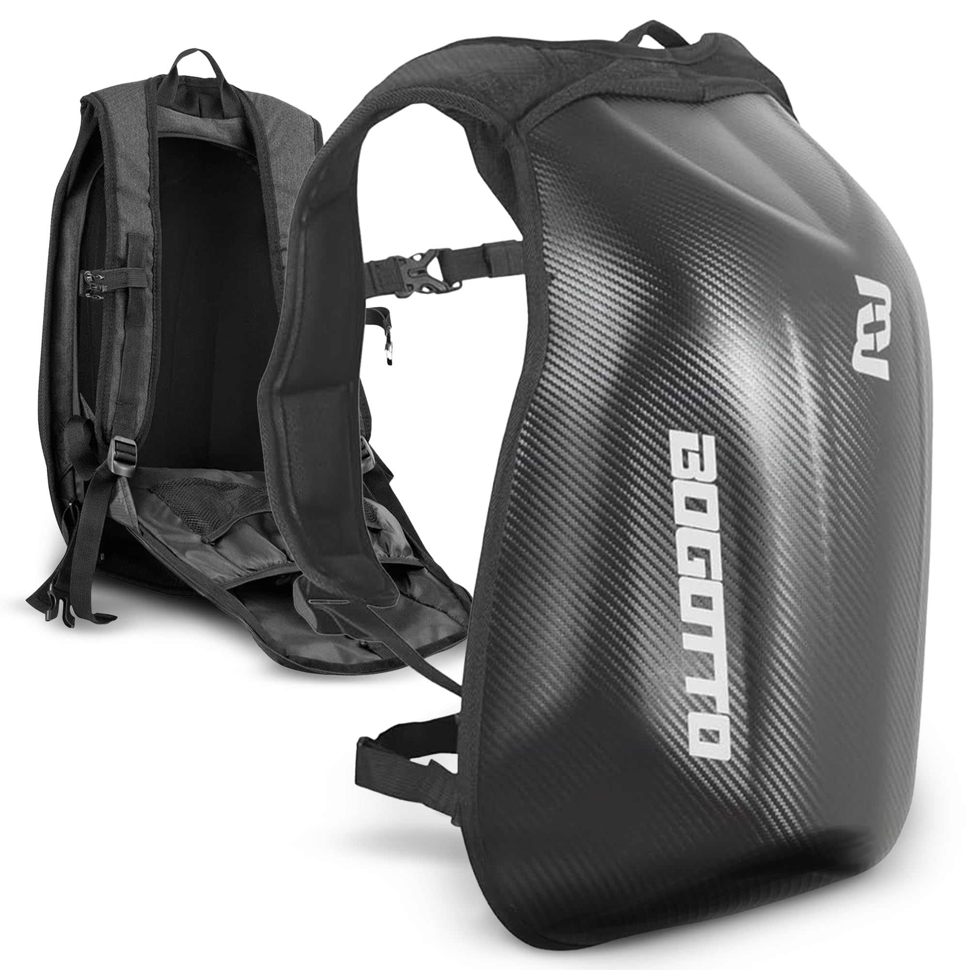 Bogotto Hump Race Carbon Look Motorrad Rucksack mit Hartschalenkonstruktion, Laptopfach 15 Zoll, 24 Liter, Schwarz