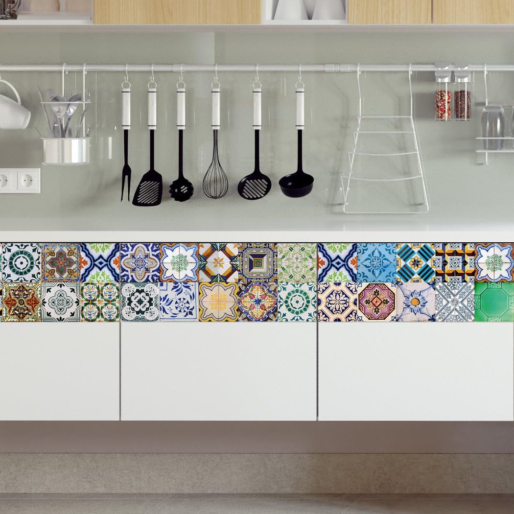 Portuguese Tiles Stickers Aljustrel - Pack of 36 Tiles - Tile Decals Art for Walls Kitchen backsplash Bathroom (3 x 3 inches (Set of 36))
