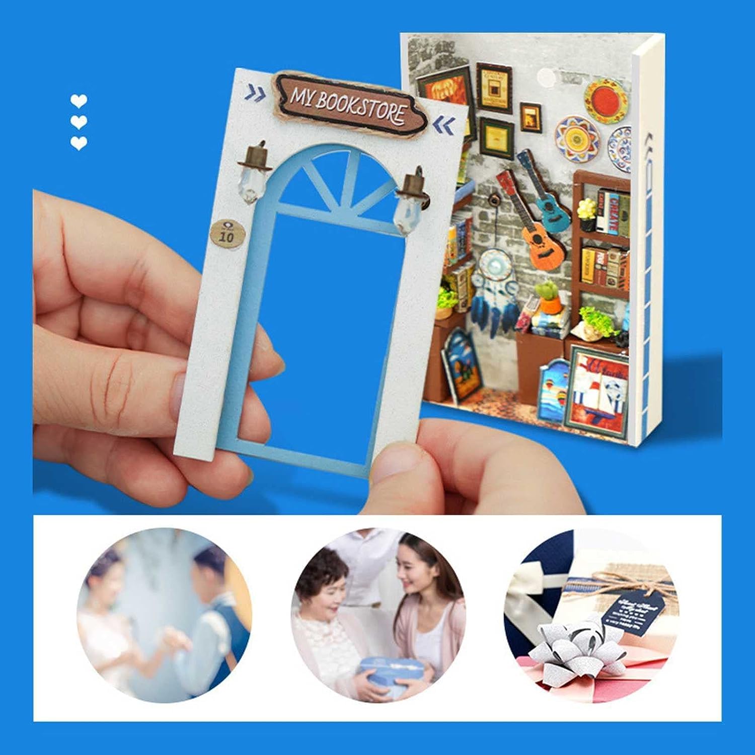 Model edukacyjny Drewniane puzzle 3D Bookend, zestaw do samodzielnego czytania książek do wystroju półki, podświetlane małe miniaturowe zestawy modeli dioramy do domku dla lalek dla dorosłych unisex (