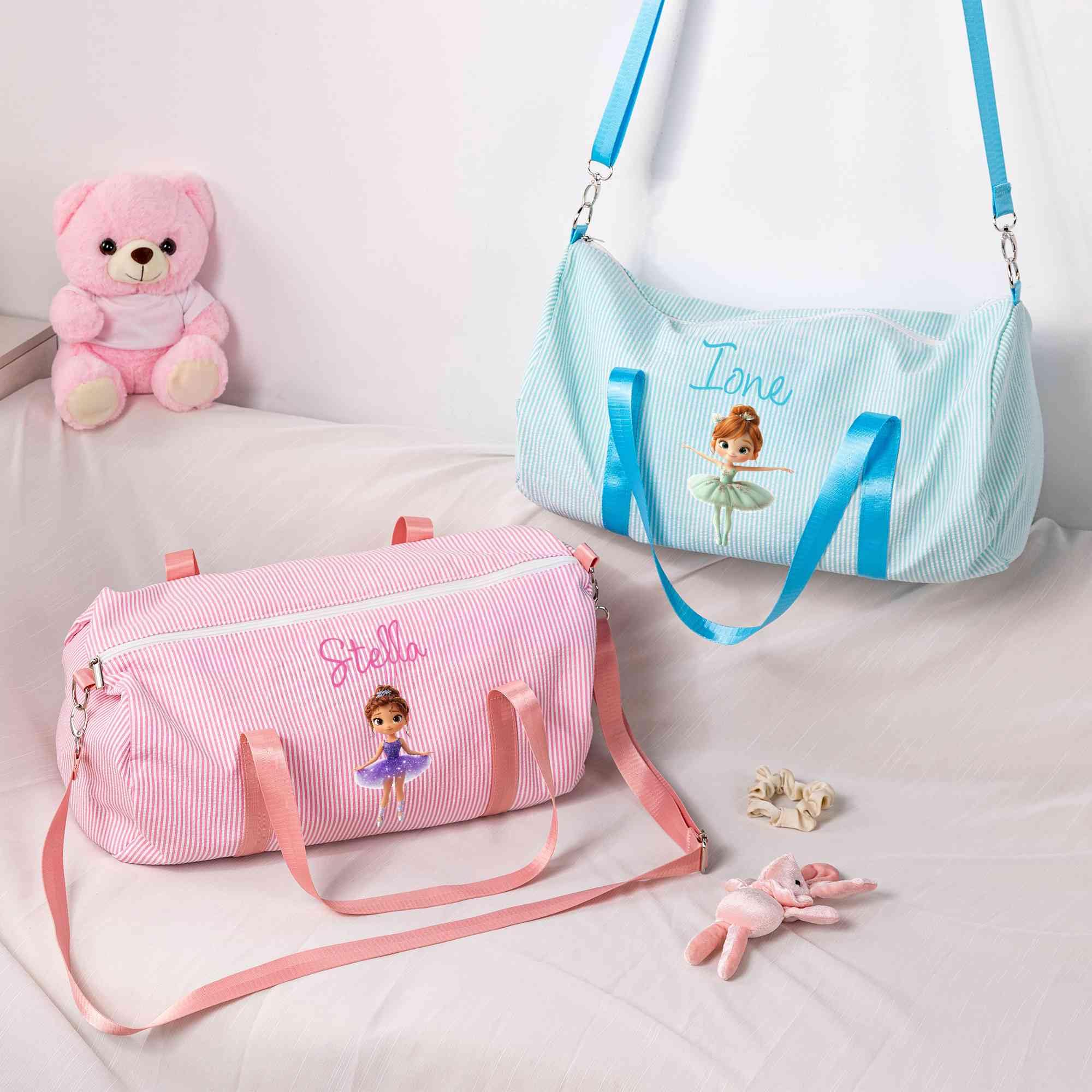 Borsa personalizzata per danza classica per bambine Borsa da viaggio a righe in seersucker con tracolla Borsa da palestra rosa Borsa sportiva per bambini Regalo perfetto per la danza 23cm × 23cm× 46cm