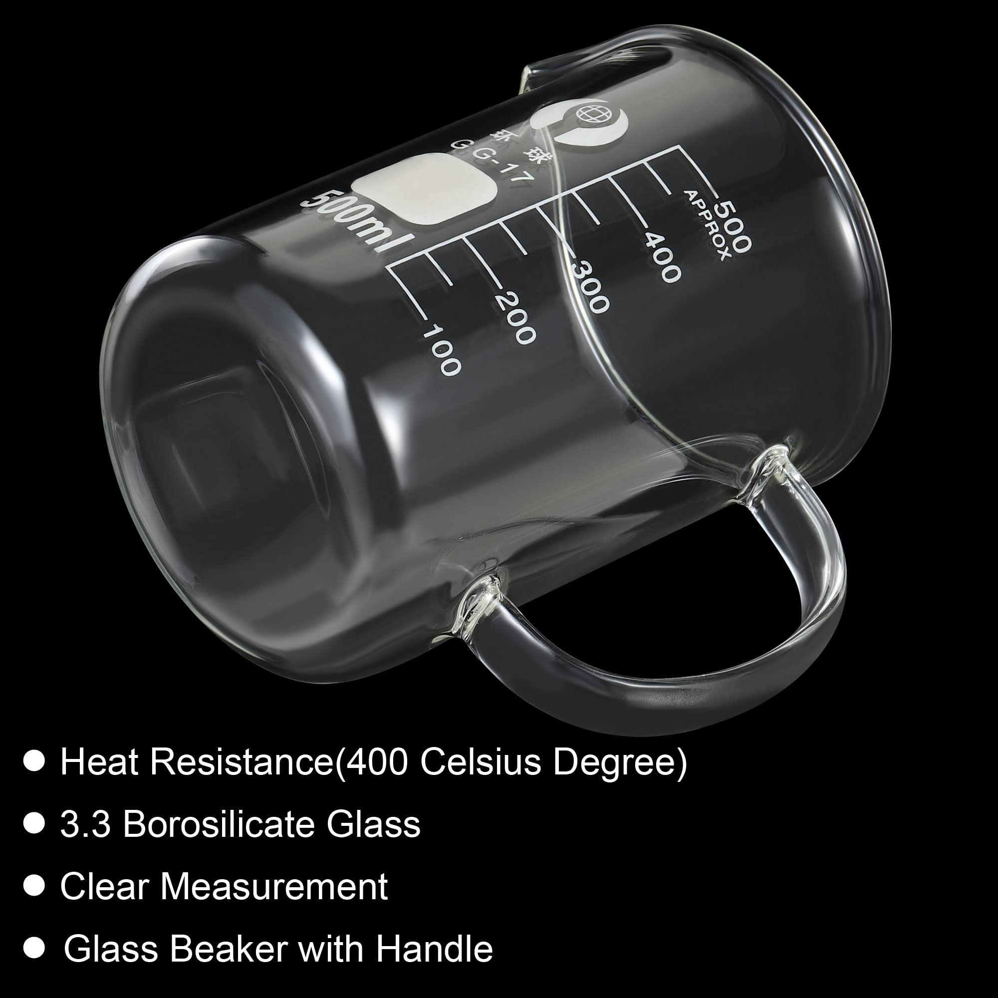 PATIKIL 500ml Vetro Bicchiere con Manico, 3.3 Borosilicato Vetro Graduato Stampato Scale Misurini Tazze con Beccuccio per Cucina laboratorio liquidi