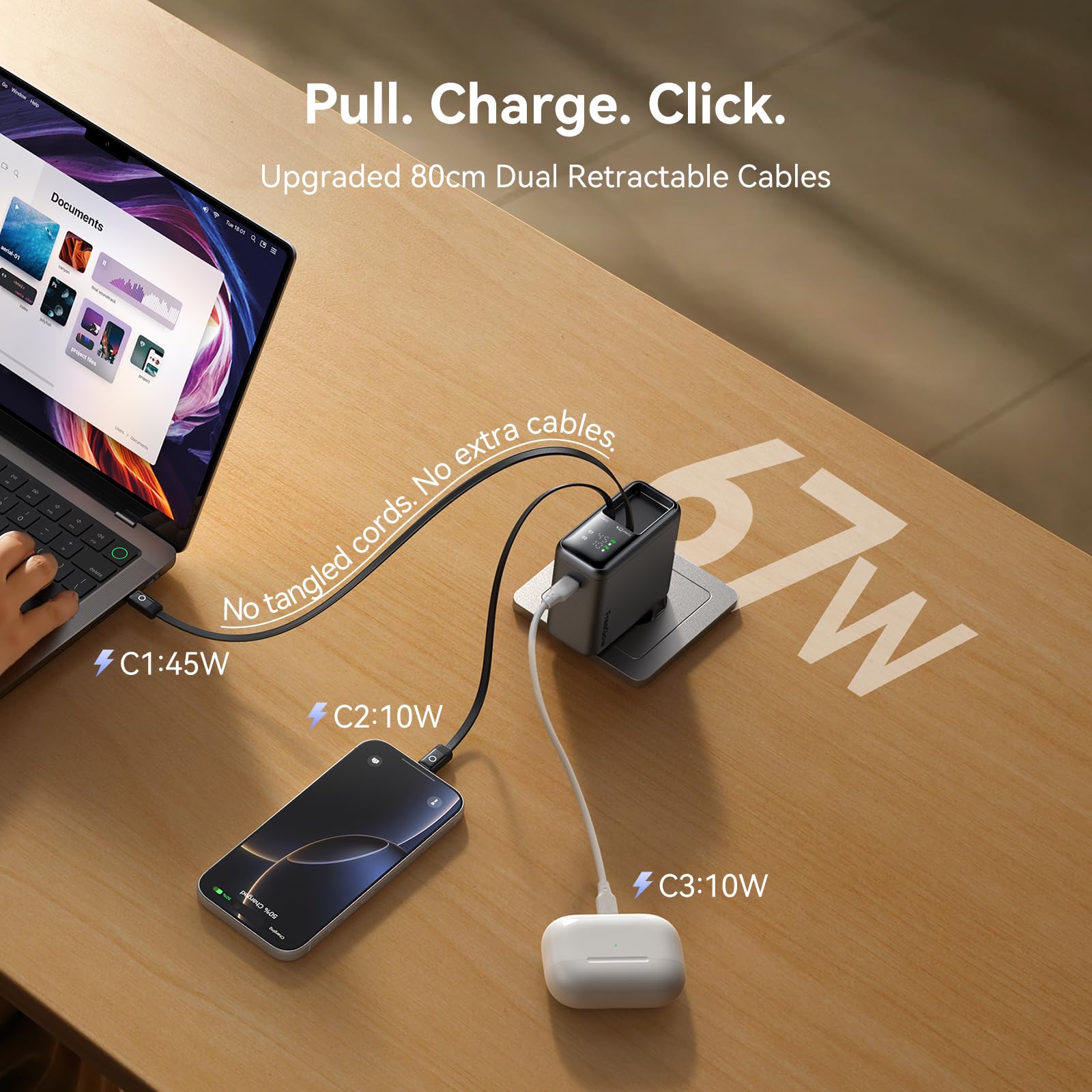 Mcdodo Ładowarka USB C 67 W z wyświetlaczem cyfrowym i 2 zwijanymi kablami USB-C, GaN szybka ładowarka do ładowania 3 urządzeń do MacBook Air/Pro, iPhone 17/16/15, Galaxy, iPad i innych urządzeń USB-C