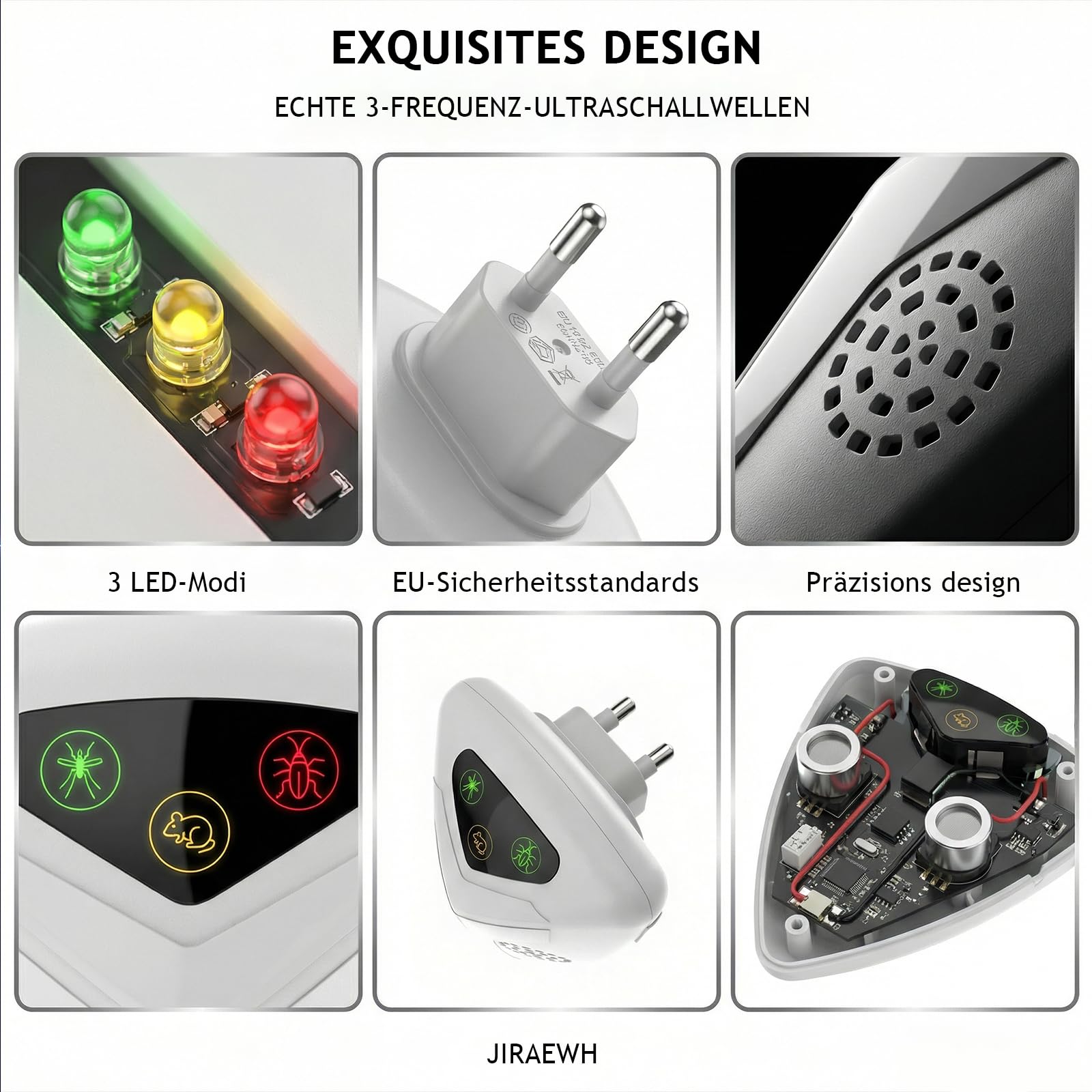 Ultraschall Schädlingsbekämpfer 4 Stück Set | 3 Modi 19-65 kHz - 200Hz | Mäusevertreiber & Mäuseabwehr | 80-120m² pro Gerät | Dual-Ultraschall | Insektenabwehr für Innenräume