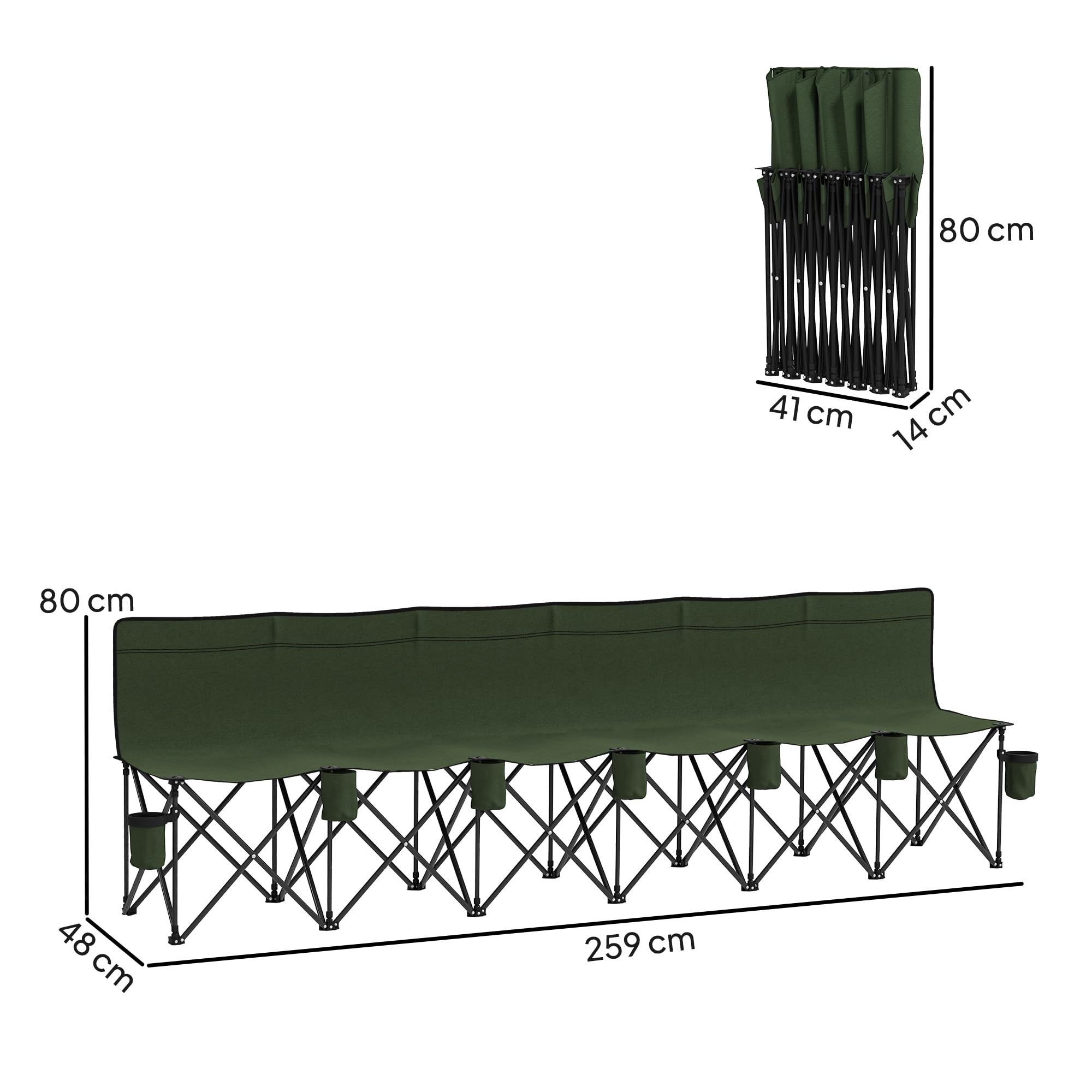 Outsunny Banc Pliant 6 Places, Porte-gobelet, Cadre métallique, Vert | Chaise de camping extérieur, chaise de spectateur de football, sac de transport