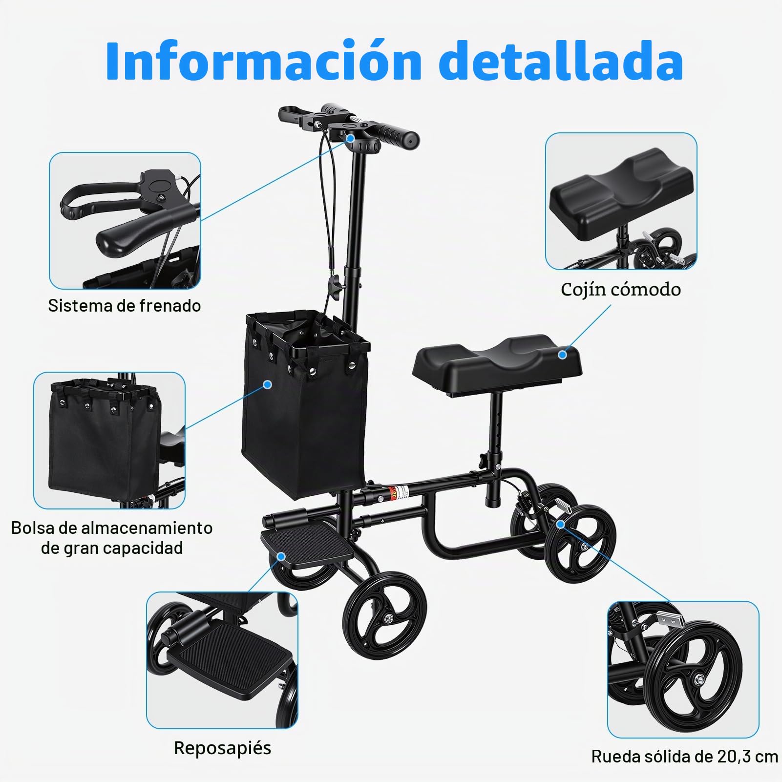 Patinete de rodilla para adultos, andador de rodilla para cirugía de pies, recuperación de lesiones de tobillo roto, acero al carbono, scooter médico, sistema de freno doble, muleta ligera