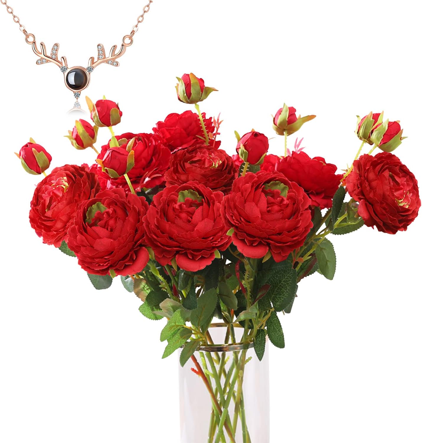 Red Peony Artificial Flowers, 3 Heads Artificial Silk Flowers Bouquet