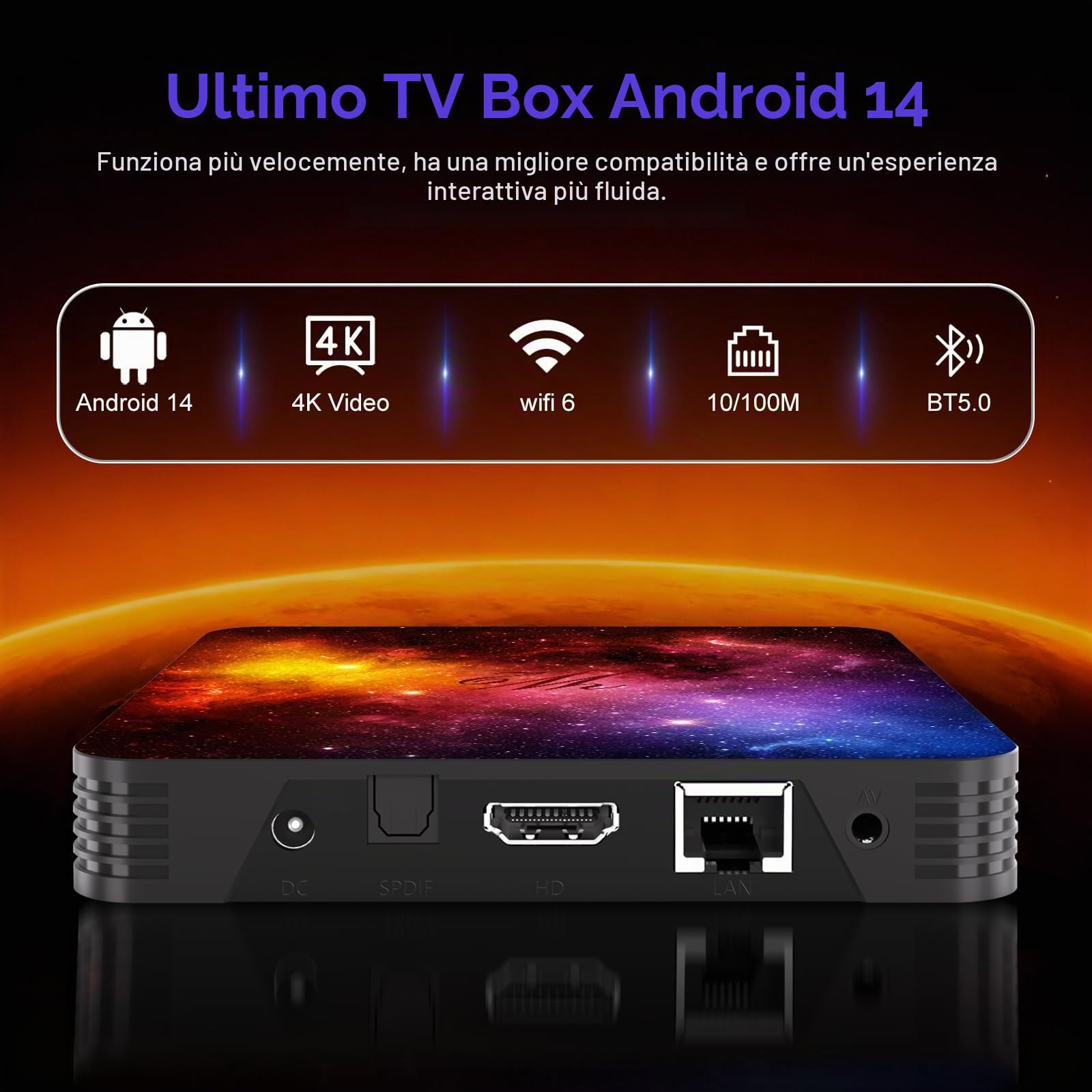 Android TV 14, 4 GB RAM 128 GB ROM Mali-G31, WiFi 2.4G & 5G, Bluetooth 4.2, 4K UHD 3D, porte USB & HDMI, mini tastiera e supporto IPTV