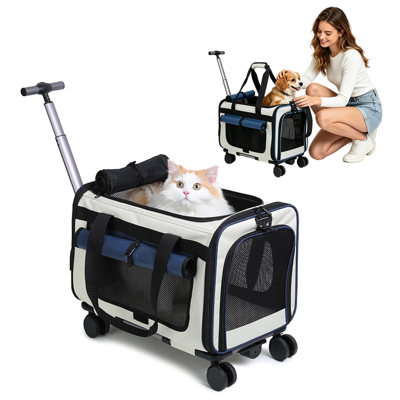 PETCUTE Cat Carrier on wheels, Soft-Sided Dog Carrier with Inner Safety Leash, Breathable Pet Carriers for Small-Medium Cats Puppies up to 5KG,Collapsible Travel Bag,Airline Approved,Dark Blue