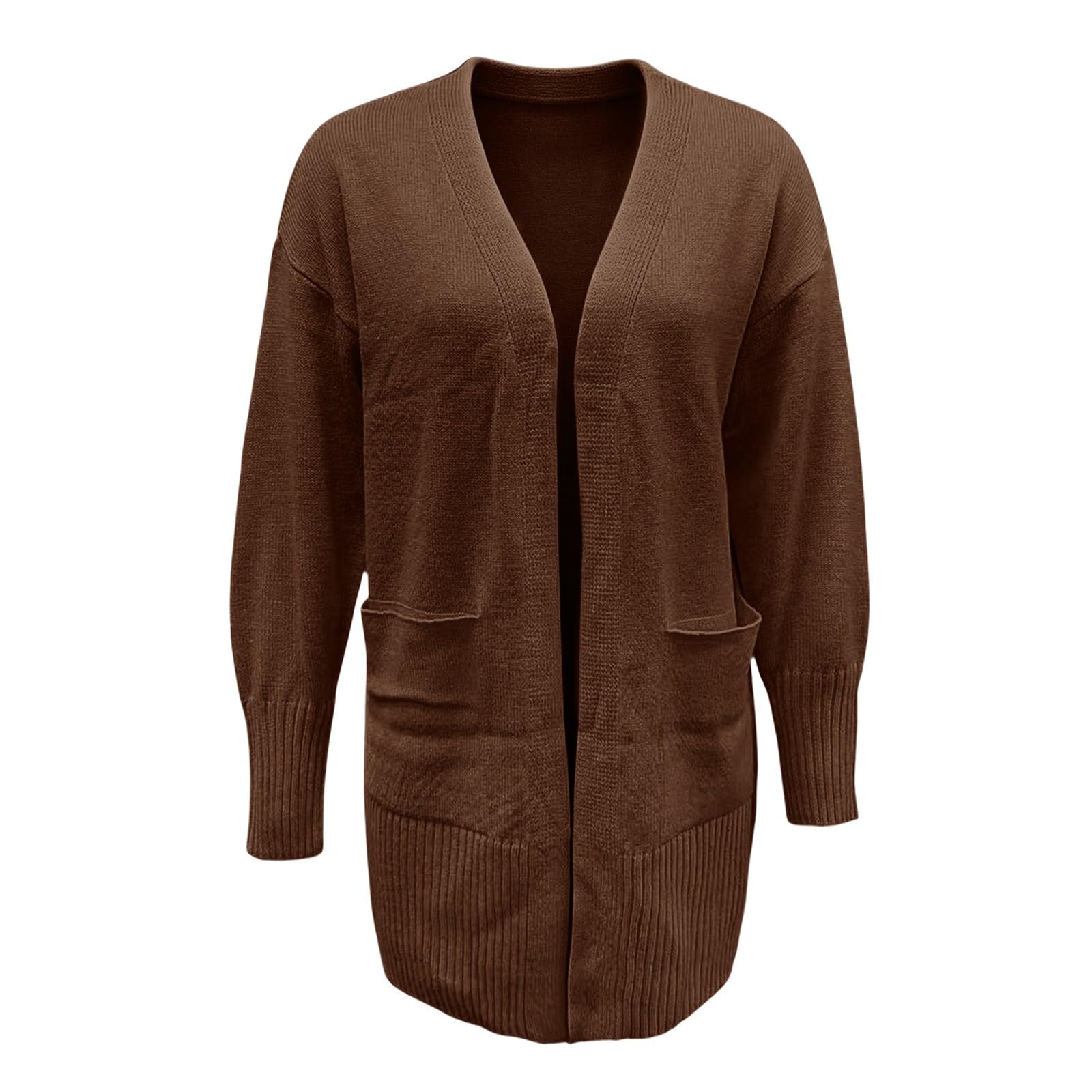Cárdigan largo de punto suave con cuello en V para mujer, marrón