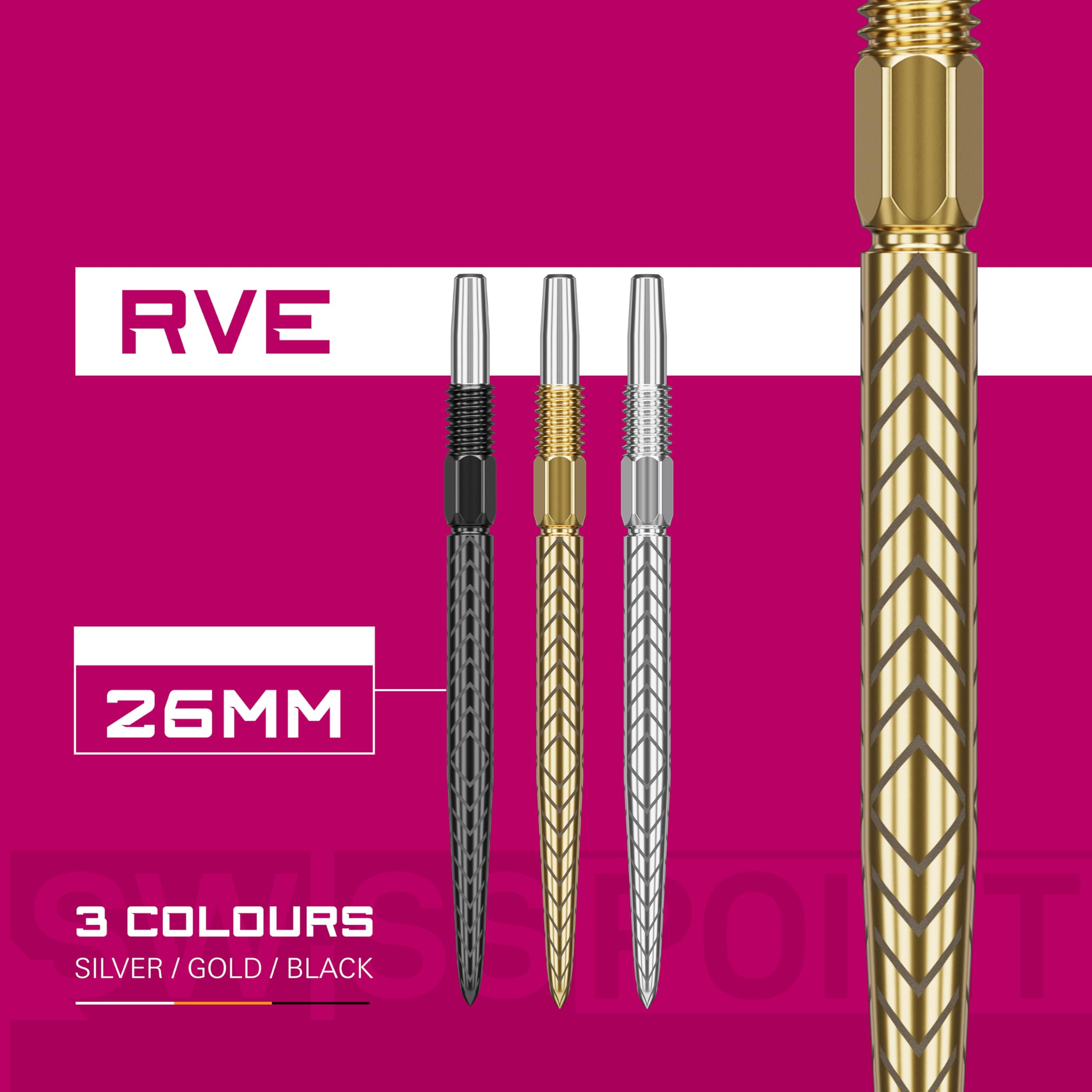 Target Darts Punte per Freccette Swiss Point, RVE (Set di 3 Punte) 26MM/30MM/35MM/40MM - Oro/Argento/Nero | Cambia Punte per Freccette, Punte Swiss Storm, Accessori per Freccette Professionali