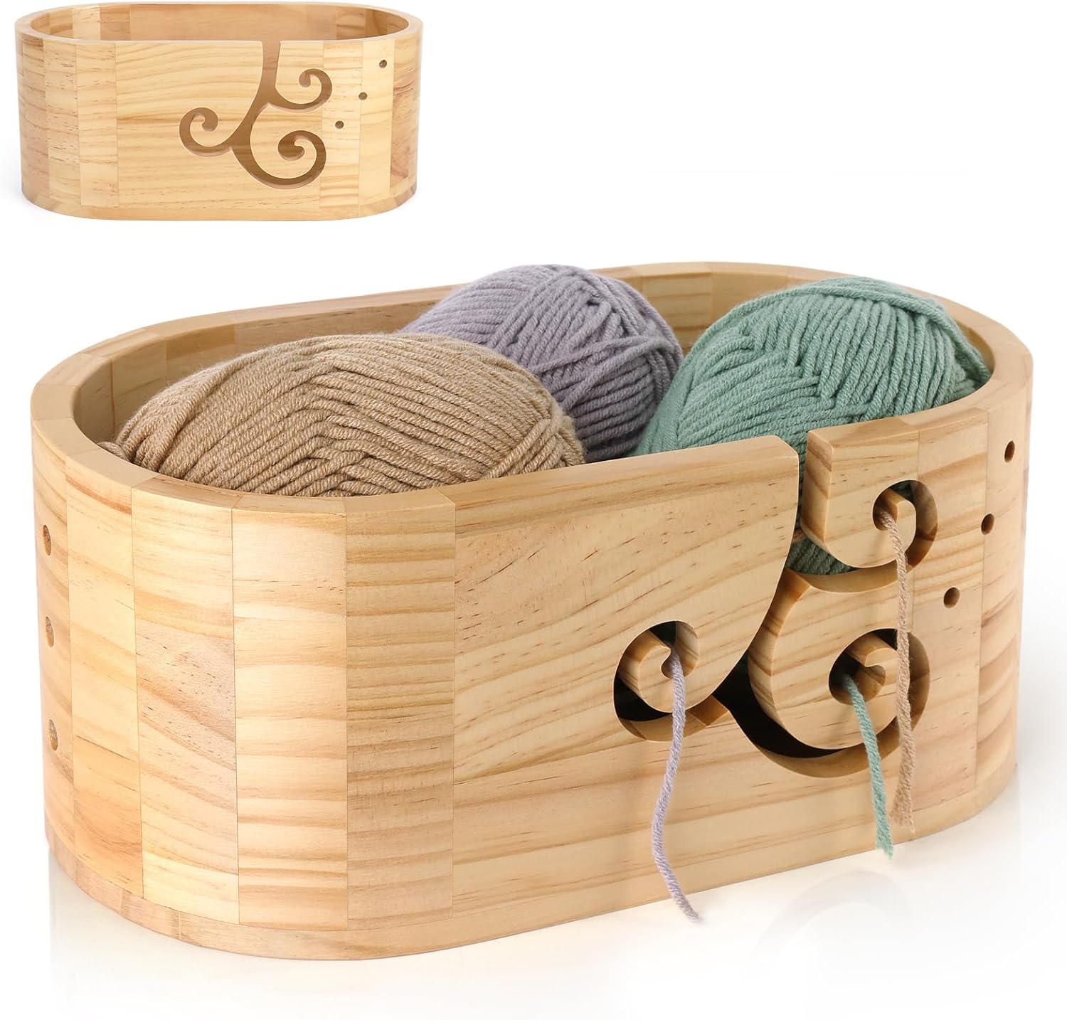 Coopay Optimized Large Yarn Bowls for Crocheting with 3 Curved Slots, Tangle-Free Wooden Yarn Holder for Knitting, Premium Pine Wood Crochet Bowl with 3-Holes, Ideal Gifts for Crocheters & Knitters