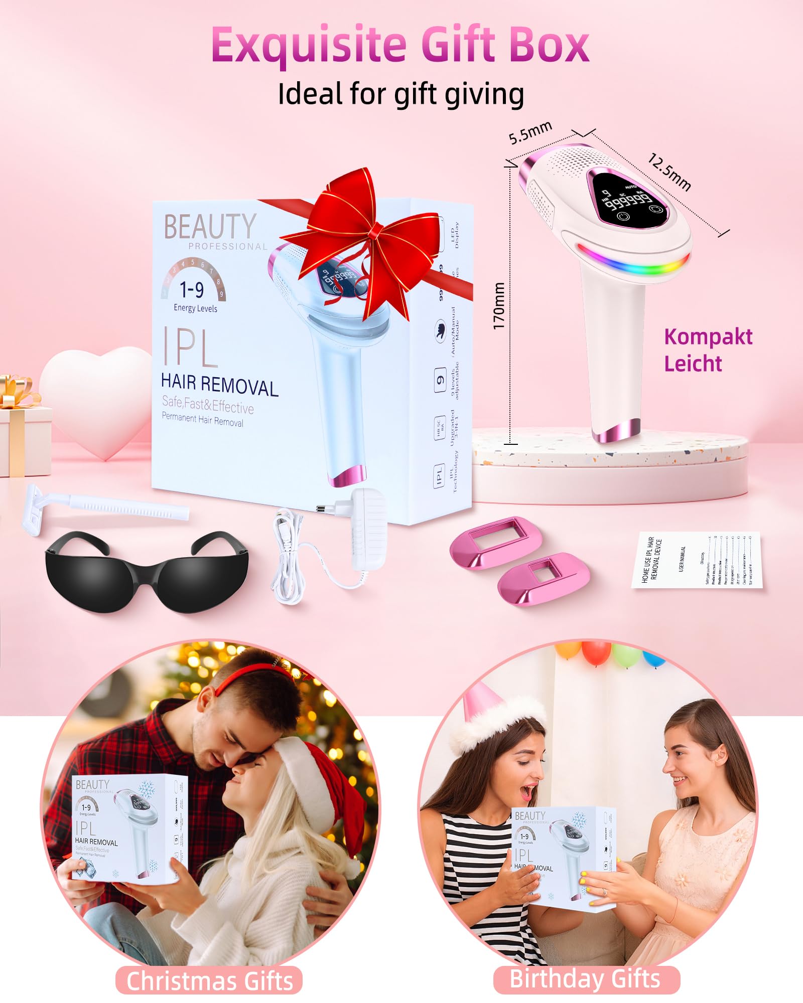 IPL Geräte Haarentfernung - 6.8cm² Großkaliber Schnell Laser Haarentfernung mit 2 Ersatzköpfe,3-in-1 Zuhause Dauerhafte Haarentfernungsgerät mit HR/SC/RA,Damen Lazer Epilasyon für Gesicht,Intimbereich