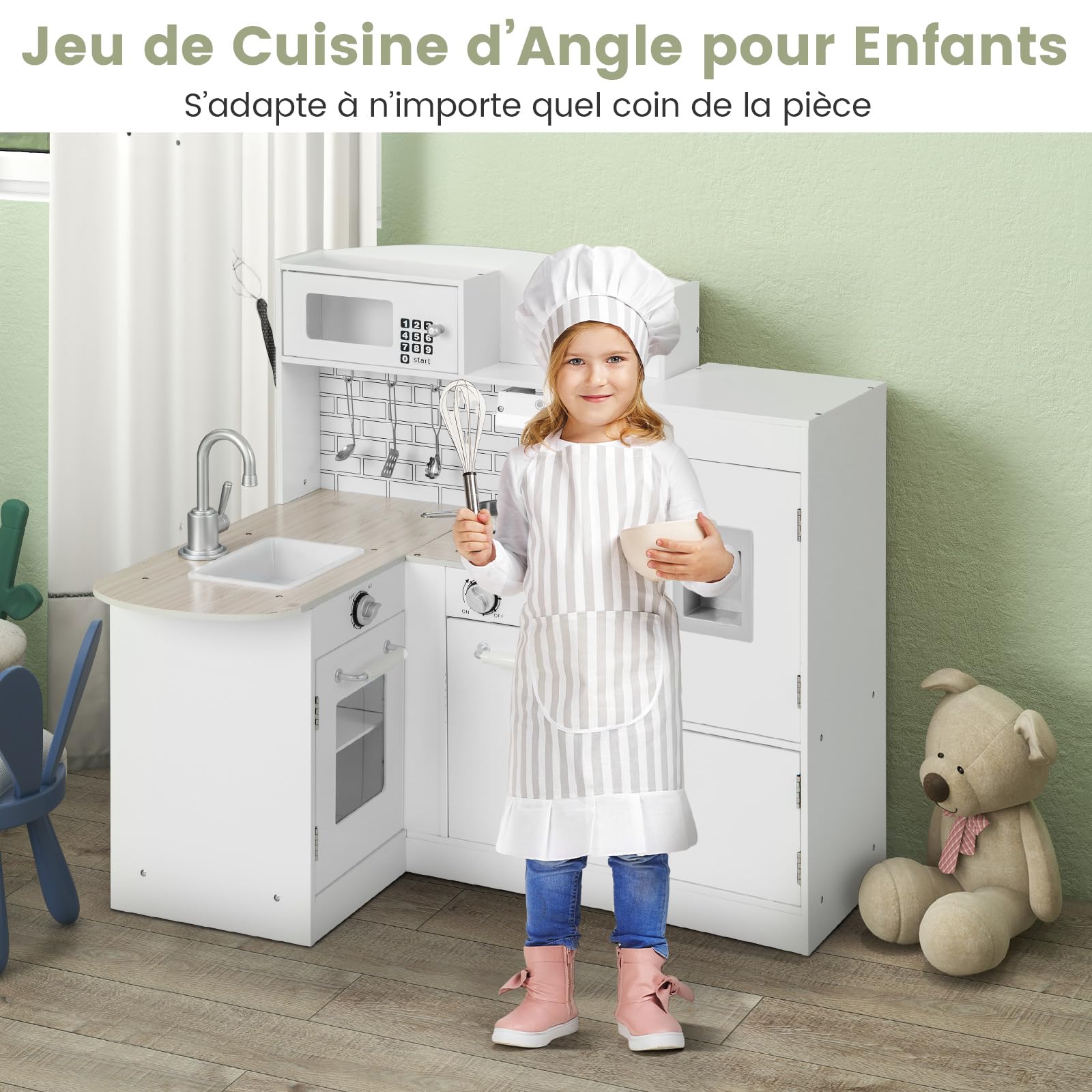 GOPLUS Cuisine Enfant en Bois, Cuisine Bébé avec Réfrigérateur Séparé, Distributeur d'eau, Évier Amovible, Four à Micro-Ondes, Hotte, Espace de Rangement, Jouet de Cuisine d'angle pour Enfant 3+ Ans