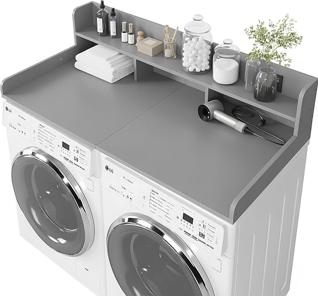 Washer Dryer Countertop with Shelf, 2-Tier Laundry Countertop Over Washer and Dryer, 54" x 27.55" Wooden Table for Folding Clothes for Laundry Room Organization and Storage (Gray)