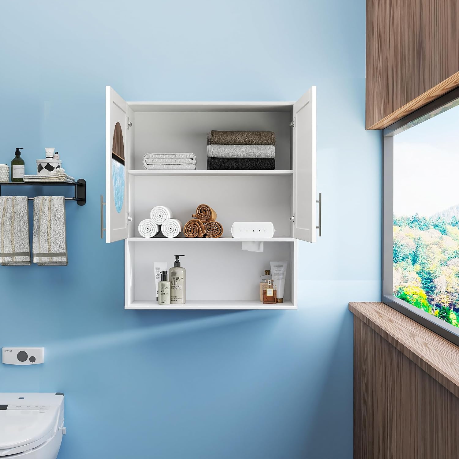 Bathroom Mirror Cabinet with Two-Door & Dual Tissue Dispenser Slots Adjustable Shelves White Finish 31.5x11.81x37.8 Inch Wall Mounted Bathroom Storage Organization