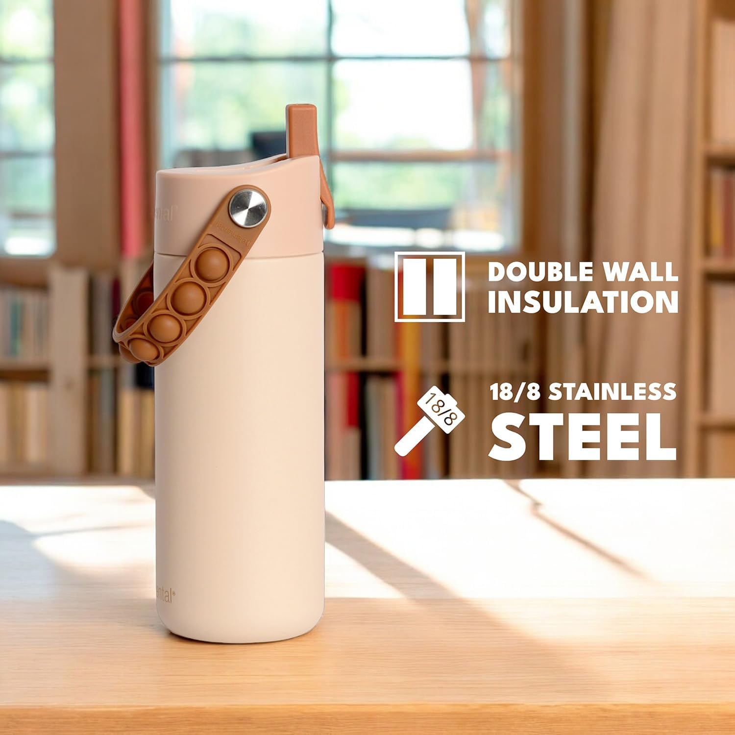 Elemental Insulated Kids Water Bottle, Stainless Steel Water Bottle with Straw Lid & Pop-It Handle, Leak-Proof Water Bottles for School, Boys or Girls, Travelling and Sports, 18oz - Beige - Image 7