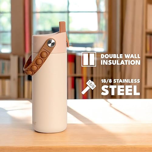 Miniatura 7 de Elemental Botella de agua aislada para niños, botella de agua de acero inoxidable con tapa de popote y asa Pop-it, botellas de agua a prueba de