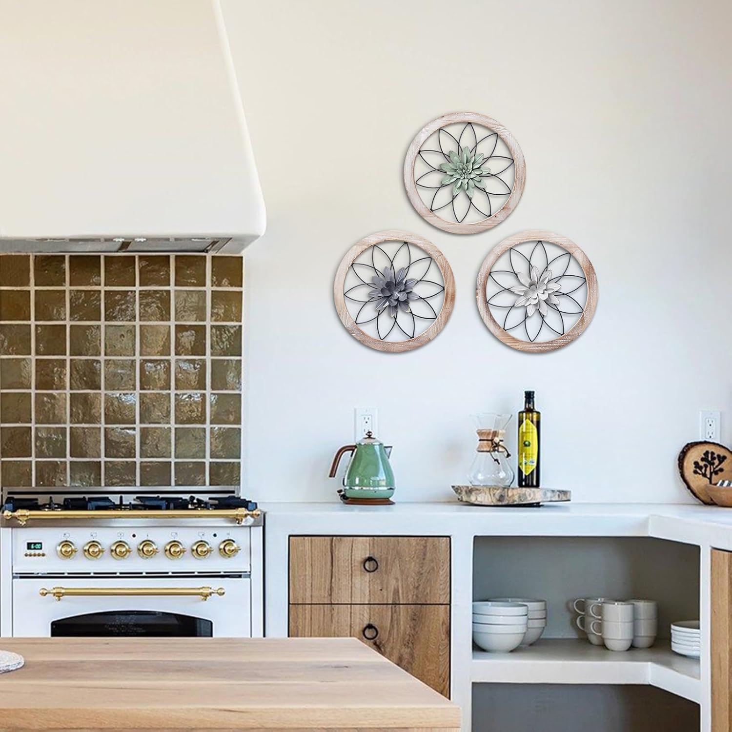 Paquesta 3 Piece Round Farmhouse Wall Decor with 6 Piece Interchangeable Flowers 15.75'' Medallion Wood & Metal Rustic Wall Art for Living Room Bedroom Kitchen Bathroom Dining Room Home Decorations (large black wheel)