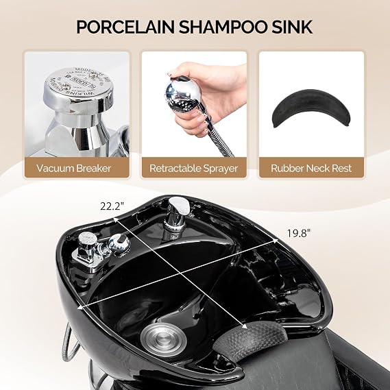OmySalon Backwash Unit Salon Shampoo Bowl and Chair, Large Ceramic Sink, Stainless Steel Base, Hair Washing Station Shampoo Unit for Barbershop Beauty Spa Massage Hairdressing