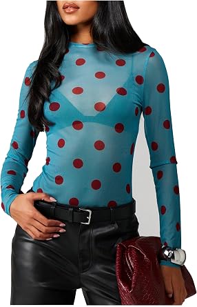 Sheer Tops for Women Mesh Long Sleeve Shirt Tops Polka Dot Shirts Mesh Undershirt See Through Tops Lace Sparkly Outfits