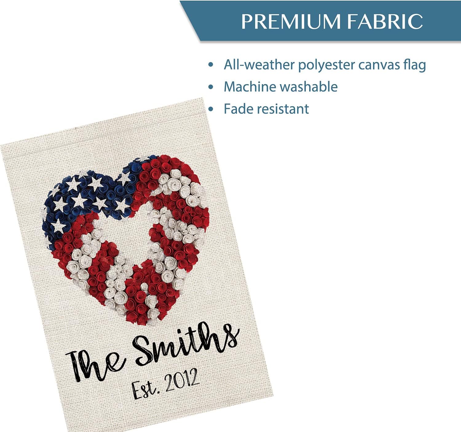 Smile Personalized 4th of July House Flag, Love Hearted Customized Family Name and Year America, Double Sided 28 x 40 Inch Rustic Farmhouse Burlap Yard Outdoor Decoration