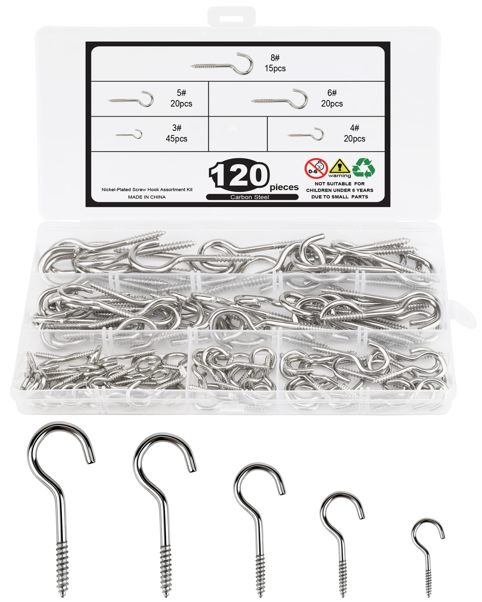 Acual 120 PCS Hooks for Hanging Ceiling Screw in Hooks, Heavy Duty Screw Hooks for Hanging Plants, Cups, Utensils, Bird Houses, Wind Chimes, String Lights and for Indoor & Outdoor Use, Silver