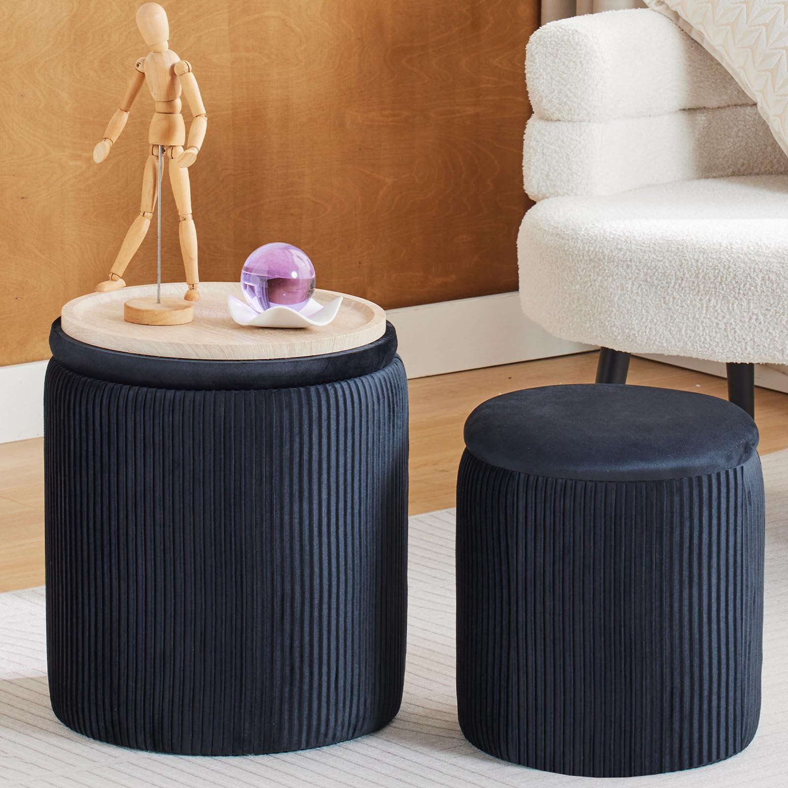 BLEXA Round Ottoman with Storage Set of 2-Upholstered Velvet Vanity Stool for Makeup Multifunctional Ottomans Coffee Table Padded Seat Foot Rest for
