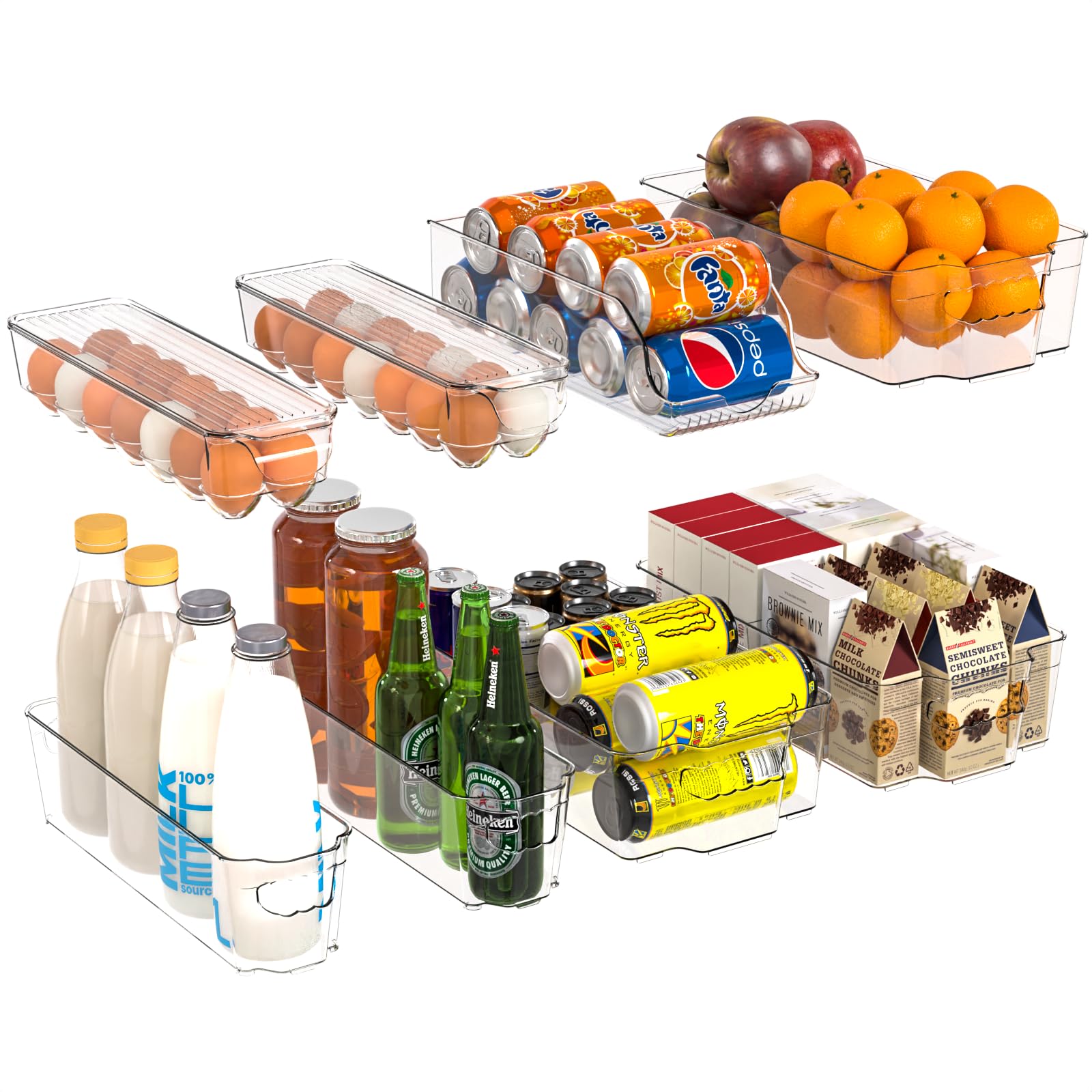 Cq acrylic Set of 8 Fridge Organizer, Refrigerator Organizers and Storage with Handles, Clear Freezer Storage Bins and BPA-Free Fridge Storage Containers for Cabinet or Kitchen Fridge Organization