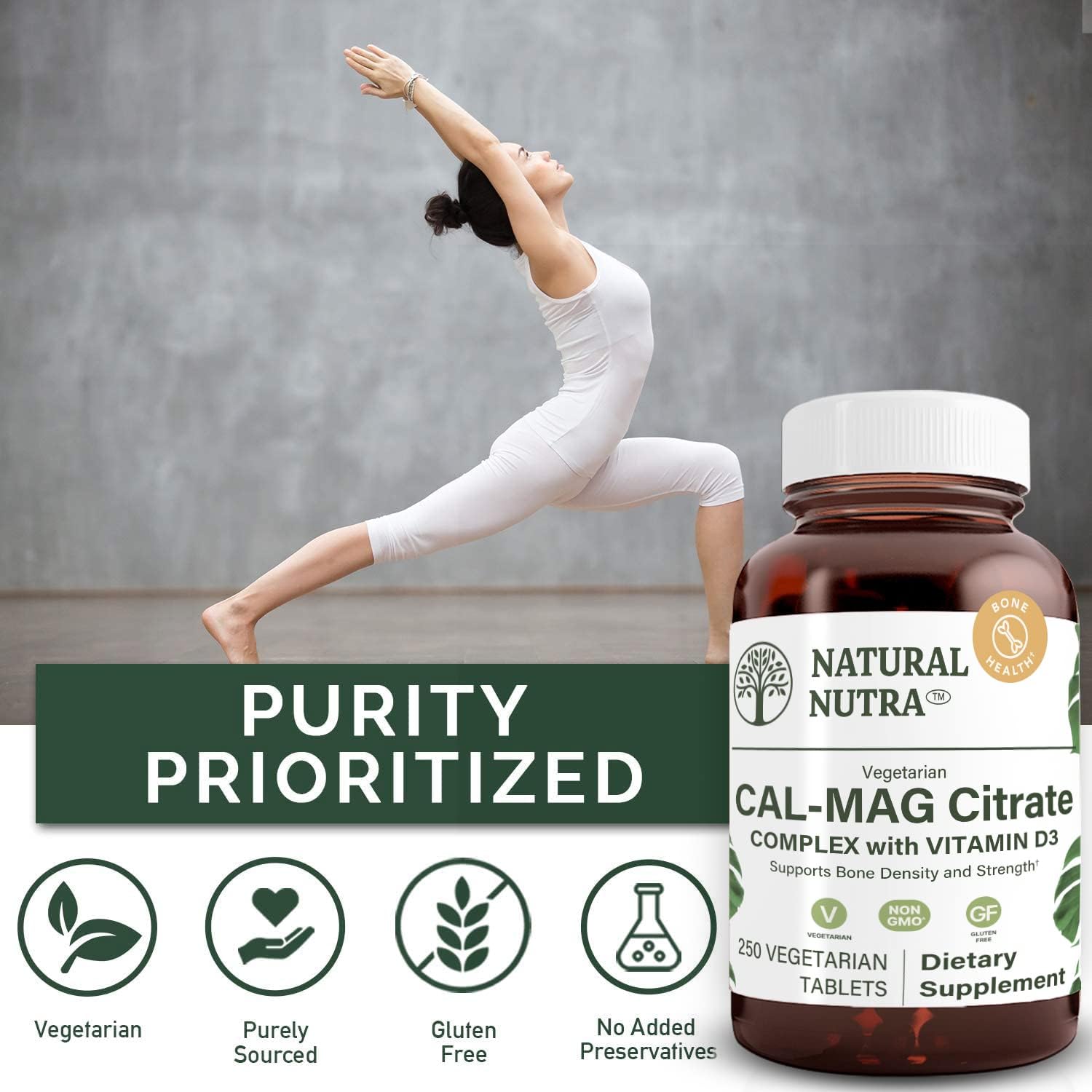 Natural Nutra Cal-Mag Citrate with Vitamin D3,1000/500 mg Complex, Strengthen Bone Density, Muscle and Nerve Health, Help Maintain Healthy Teeth, Highly Bioavailable Sources, 250 Vegan Tablets