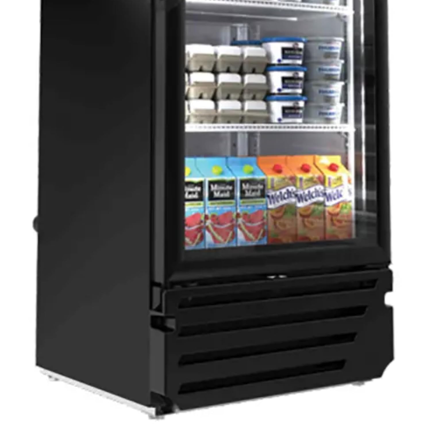 Bottom section of Kool-It LX-14RB refrigerator showing lower shelves and condenser grille