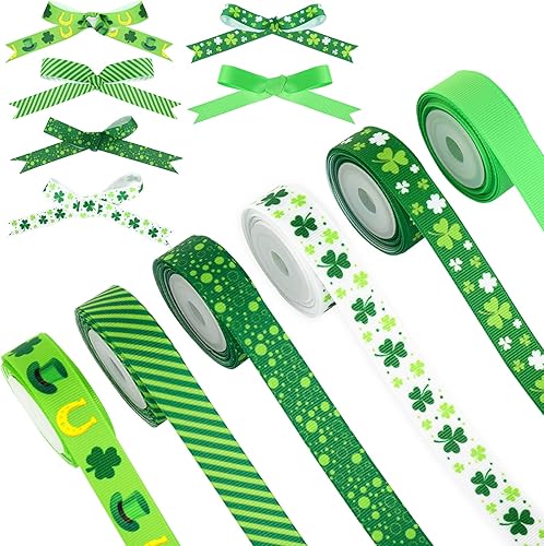 Whaline 6 rollos de 30 yardas de cinta del día de San Patricio, estampado de sombrero de trébol, cinta de borde con alambre, cinta de trébol a