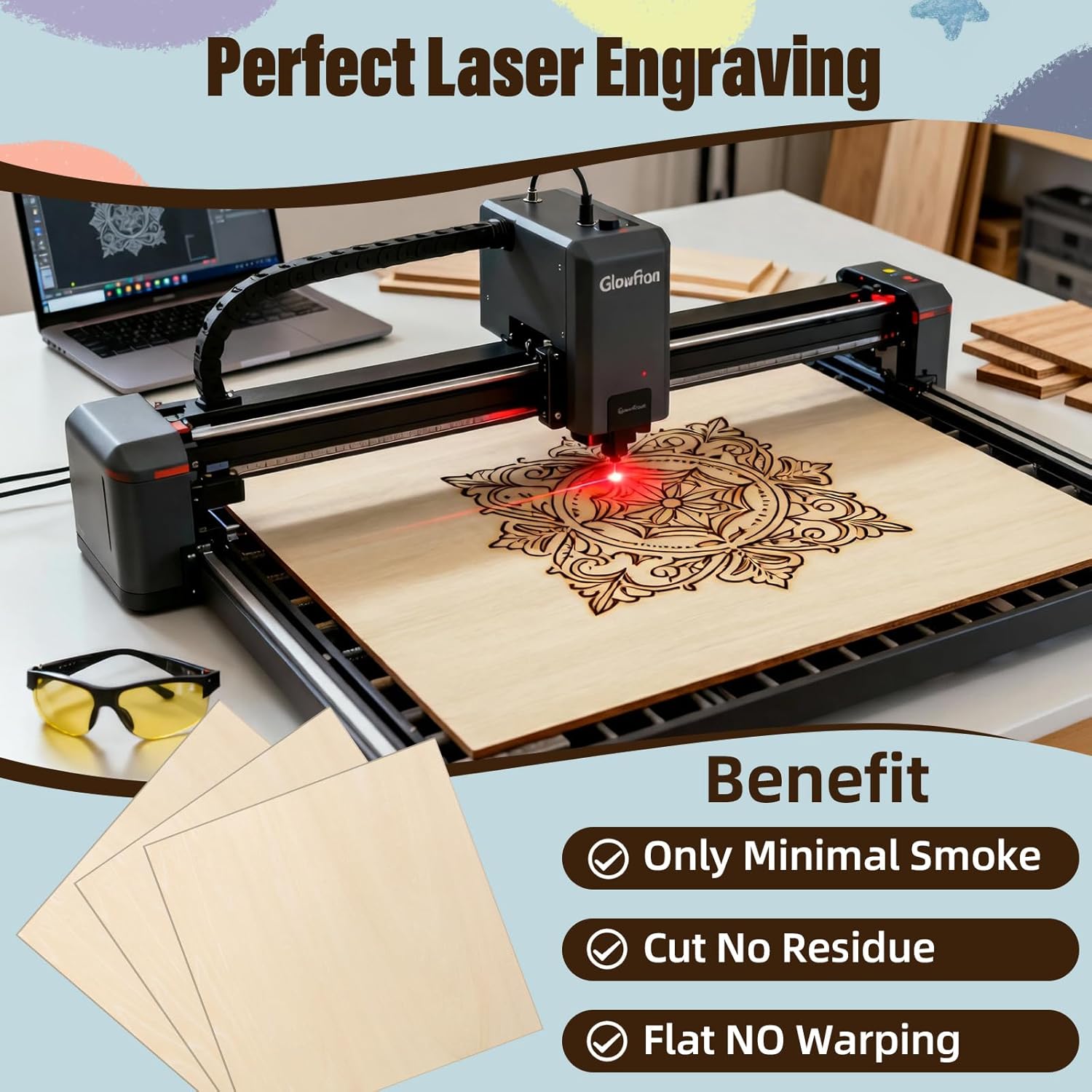 24 Pack Basswood Sheets 12"x12"x1/8", 3mm Basswood for Laser Cutting and Engraving, Unfinished Wood for Crafts, DIY Ornaments and Architectural Models, Wood Burning