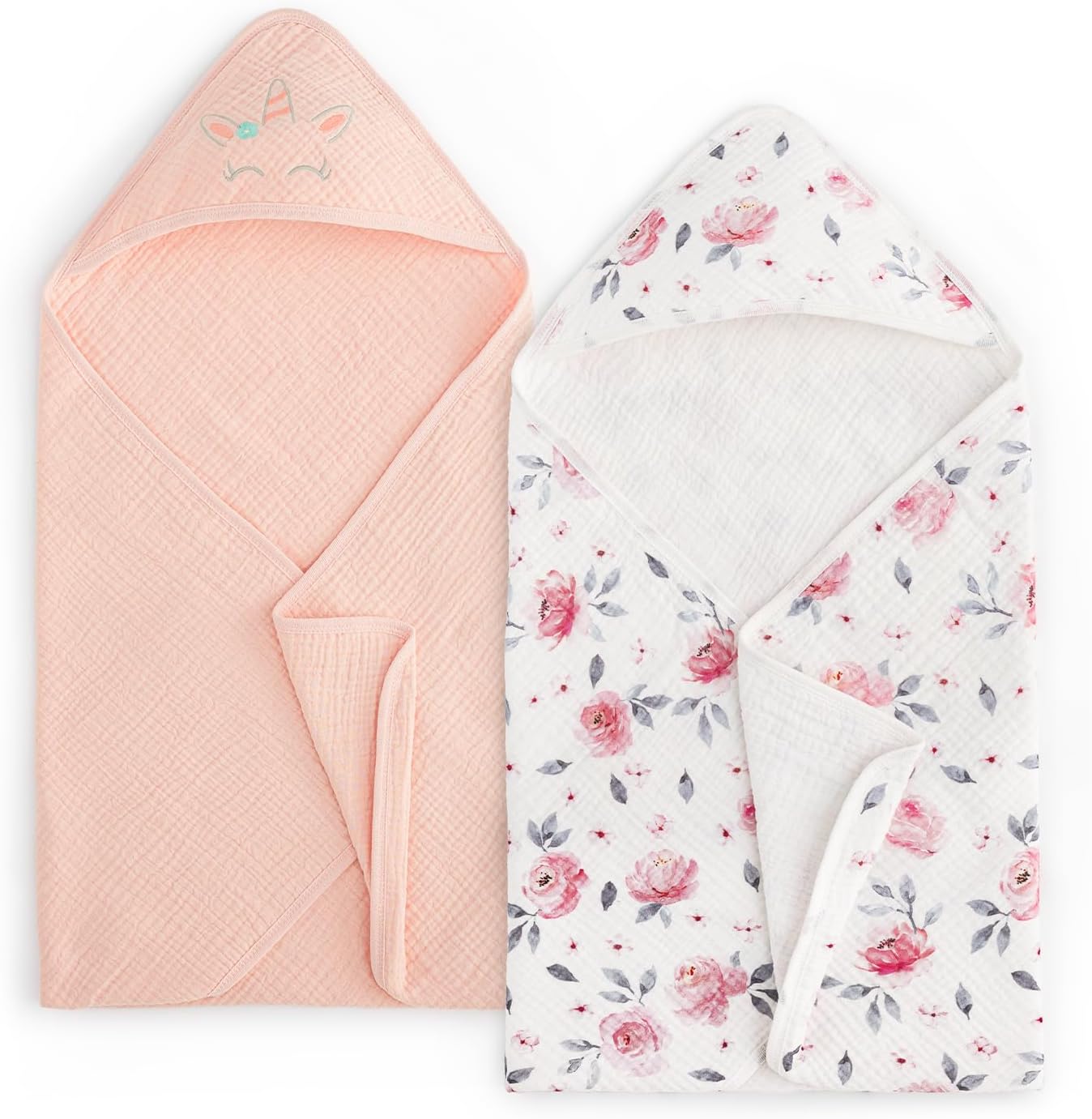 PHF 100% Muslin Cotton Baby Hooded Towels, 2 Pack Bath Towel with Hood for Newborn, Infant, Toddler, Ultra Soft and Absorbent Baby Bath Essentials, Shower Gifts for Girls, 32x32Inch, Pink Floral