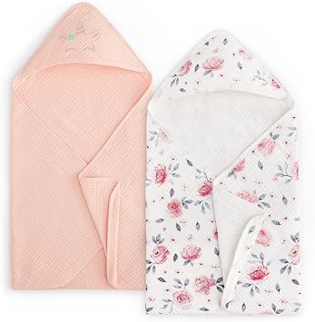 PHF 100% Muslin Cotton Baby Hooded Towels, 2 Pack Bath Towel with Hood for Newborn, Infant, Toddler, Ultra Soft and Absorbent Baby Bath Essentials, Shower Gifts for Girls, 32x32Inch, Pink Floral