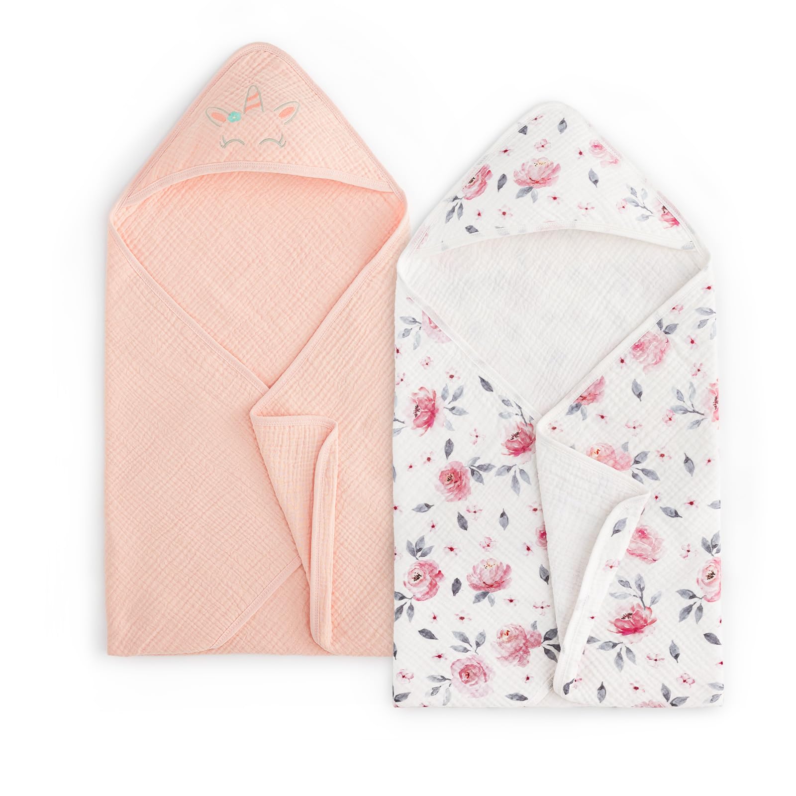 PHF 100% Muslin Cotton Baby Hooded Towels, 2 Pack Bath Towel with Hood for Newborn, Infant, Toddler, Ultra Soft and Absorbent Baby Bath Essentials,