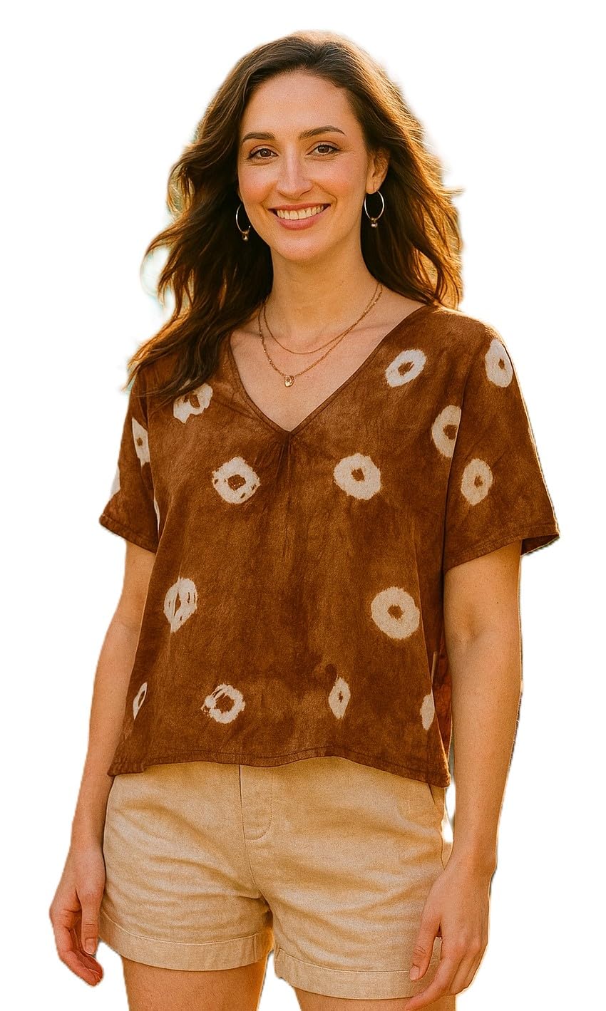 Women Brown Handcrafted Tie-Dye Rayon Loose Fit Top | V-Neck | Short Sleeves | Lightweight & Breathable Fabric | Casual Wear | Office Wear-image-43