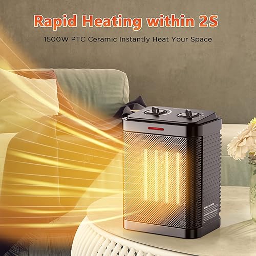 Miniatura 2 de Calentador de espacio, calentador eléctrico portátil de cerámica, calentador de espacio pequeño con termostato, calentamiento rápido 2S, protección