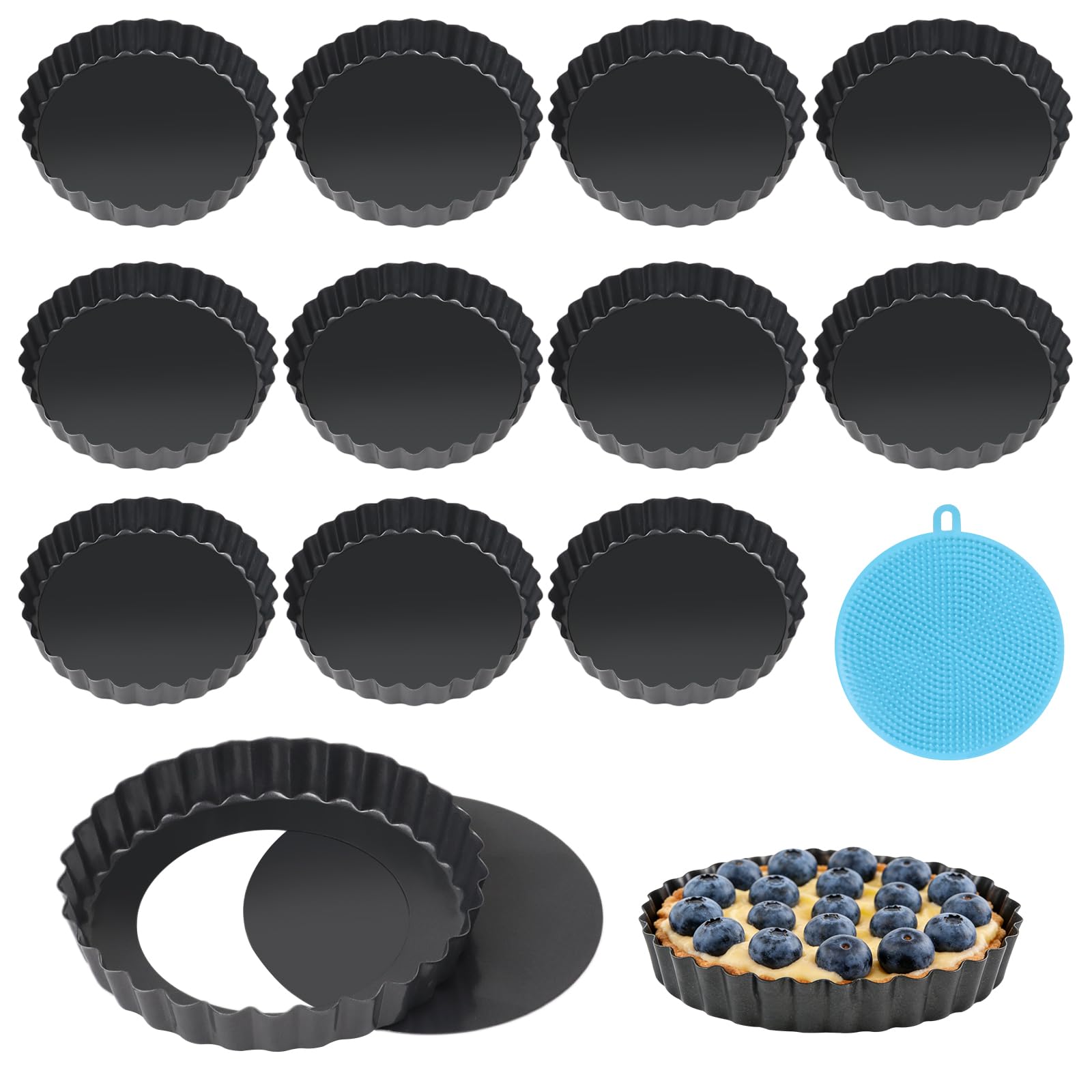12 Pezzi 12 cm Stampo Crostata Con Fondo Removibile,Rivestimento Antiaderente Piccolo Teglia Crostata Fondo Removibile, Set Rotondo Stampo Per Crostata Per Torte, Muffin(4.7 Pollici-Nero)