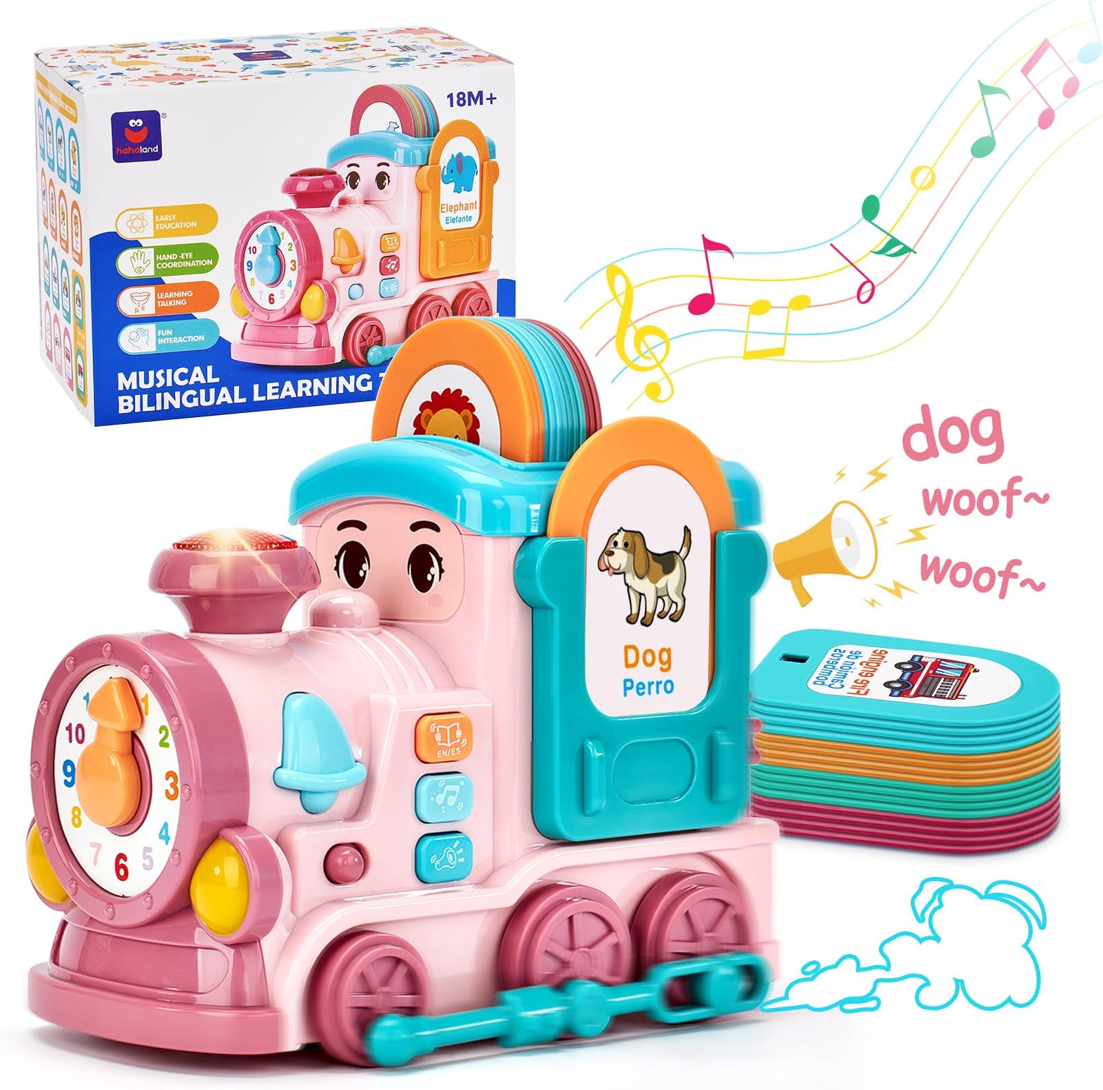 Hahaland Montessori Toy for 18+ Months Girls โ All-in-One Pink Train with Language Development, Sensory Stimulation & Crawling Fun, Bilingual Educational Toy, for 2 Year Old Girls