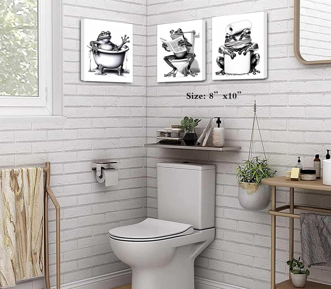 Framed Frog Bathroom Decor Wall Art,Frogs Pictures Wall Decor Frog Wall Art,Animal on Toilet Reading Newspaper Canvas Painting for Bathroom Home Farmhouse Set of 4(8"x10")