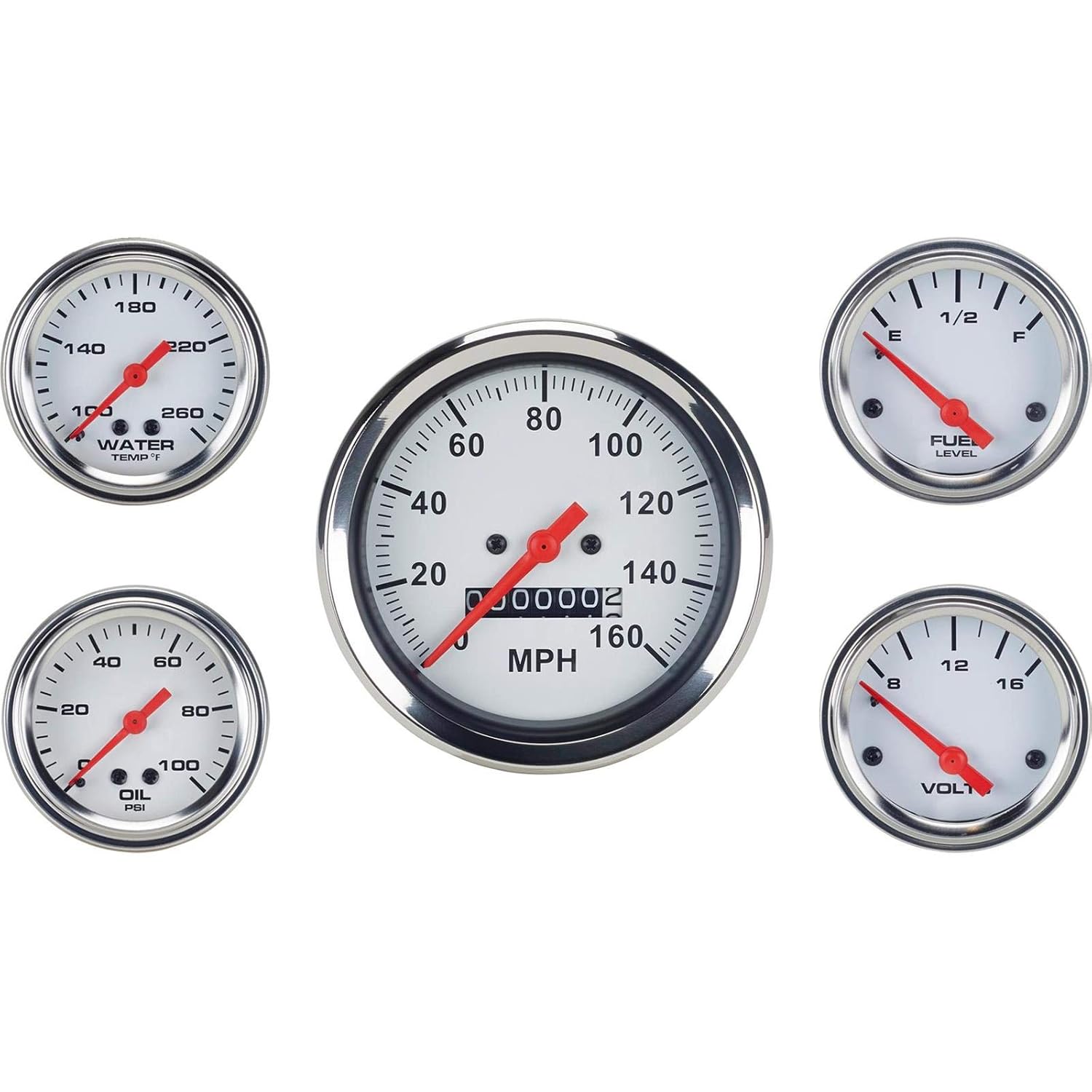 5-Gauge Set Complete Kit: 3-3/8" Mechanical Speedometer, 2-1/16" Component Gauges with White Face, Red Pointer & Chrome Bezel, Includes Tubing, Adapters, Fuel Level Sender