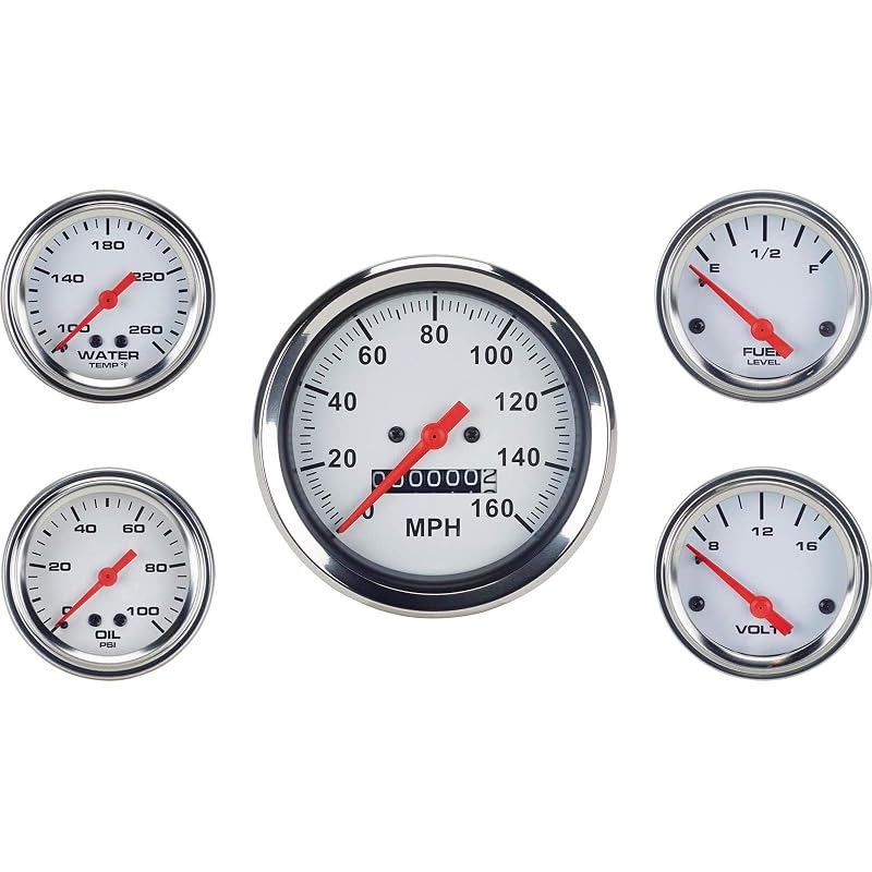 Conjunto completo de 5 instrumentos Speedway Motors com velocímetro mecânico de 8,57 cm e mostradores brancos – 1 conjunto