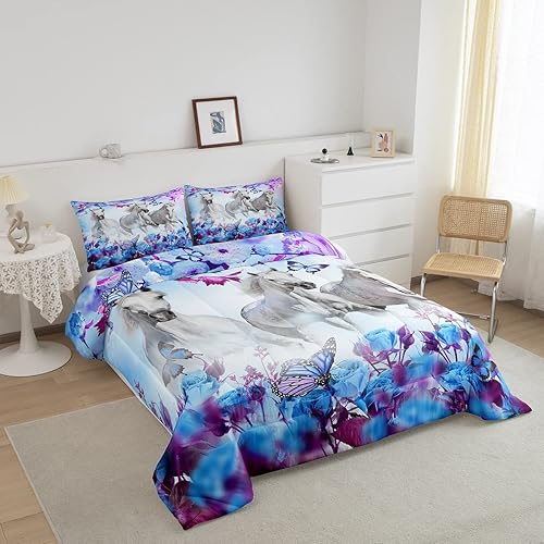 Miniatura 2 de Juego de edredón de caballo blanco, tamaño Queen, juego de ropa de cama de 3 piezas con diseño de mariposa y rosas para decoración de habitación de