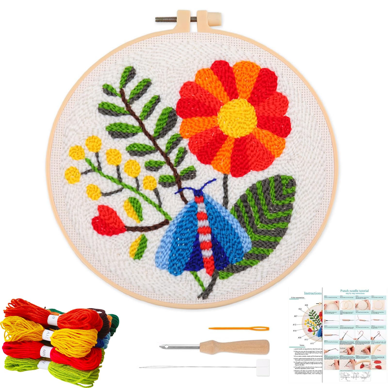 Allinkit Red Punch Needle Kit, Punch Needles Kits For Adults Beginners,Adult Craft Set With Punch Needle Fabric,Yarns, Embroidery Hoops,Sewing Needles.