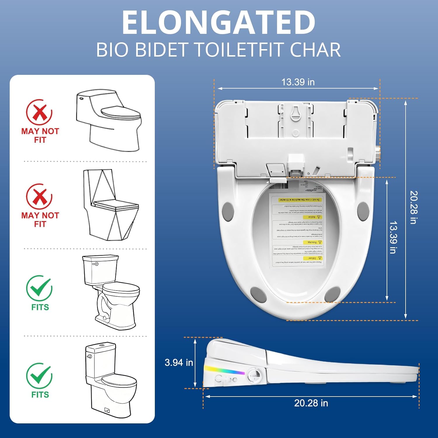 Bidet Toilet Seat Elongated, Smart Heated Bidet Toilet Seats with AUTO - Water & Dryer Slow Close Lid, Nozzle for 4 Cleaning Modes, Remote Control - Adjustable Water Pressure & Temp, LED Lighting